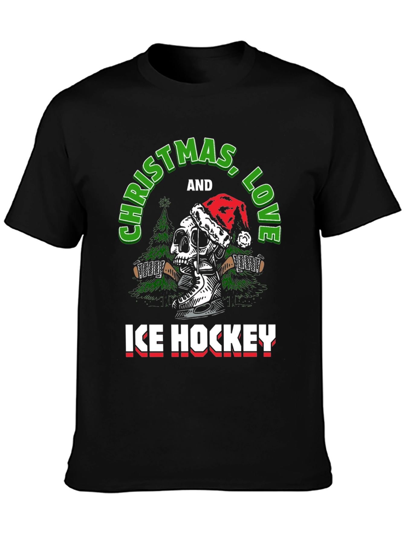 Christmas Ice Hockey Skull Graphic T-Shirt