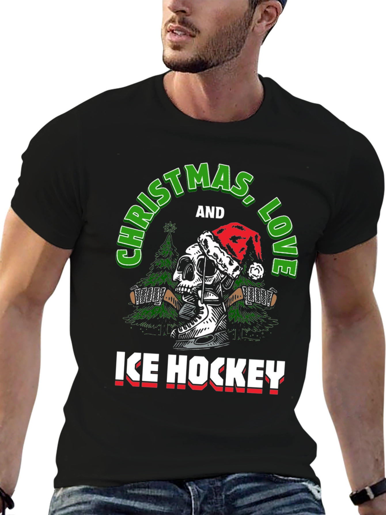 Christmas Ice Hockey Skull Graphic T-Shirt