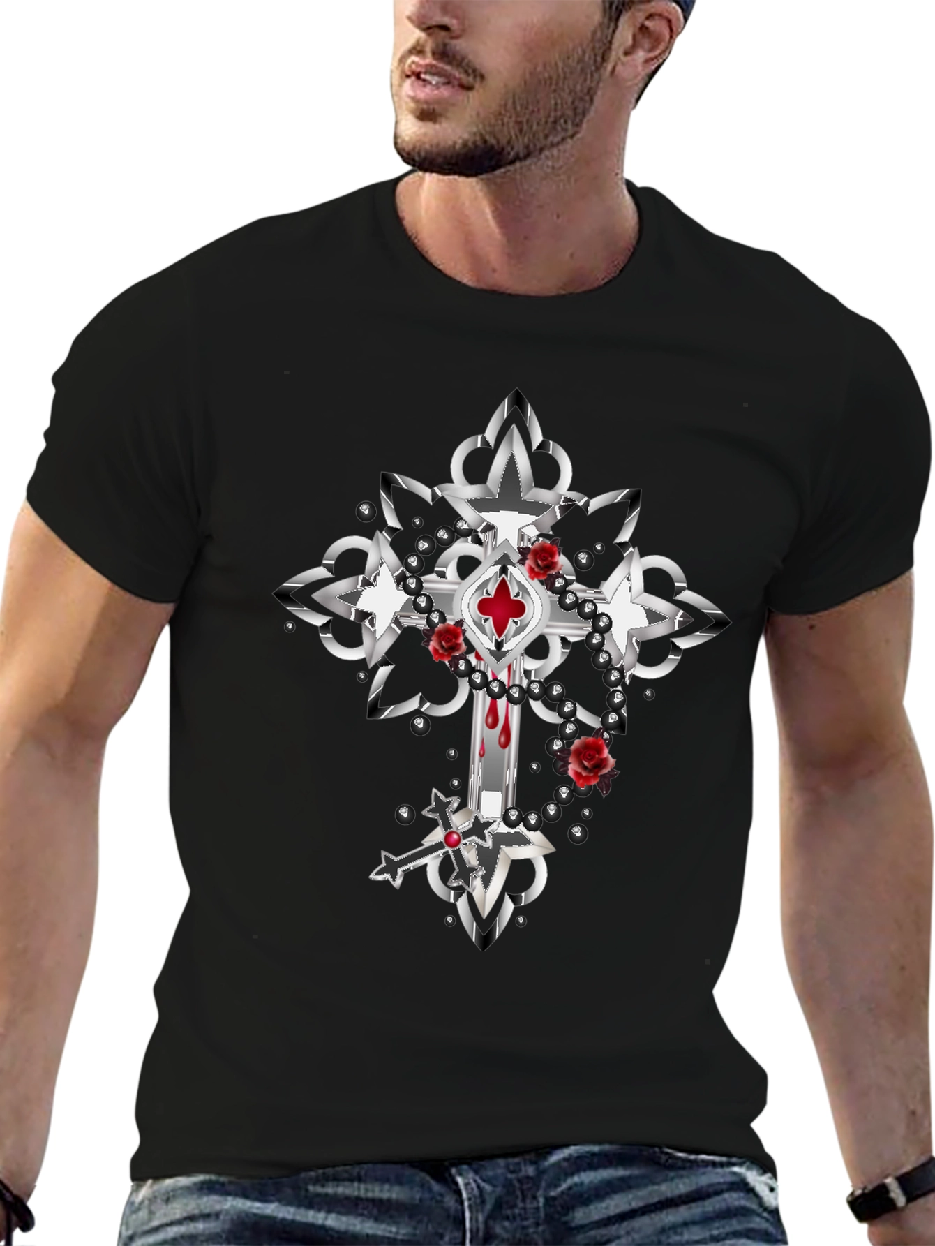 Gothic Cross Roses T-Shirt - Dark & Edgy Style