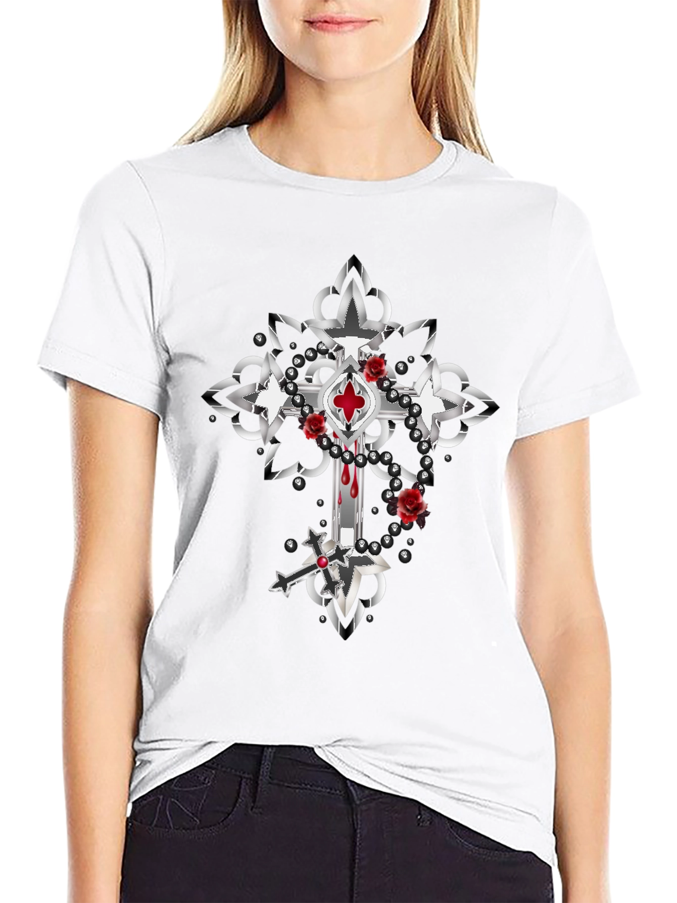 Gothic Cross Roses T-Shirt - Dark & Edgy Style