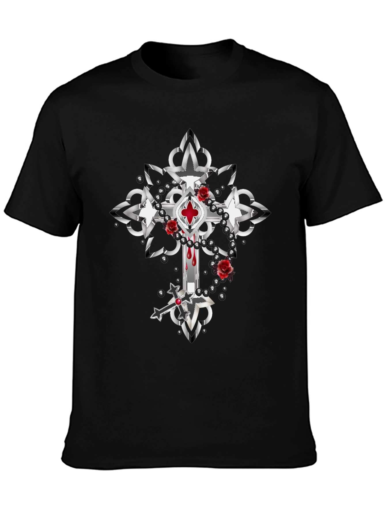 Gothic Cross Roses T-Shirt - Dark & Edgy Style