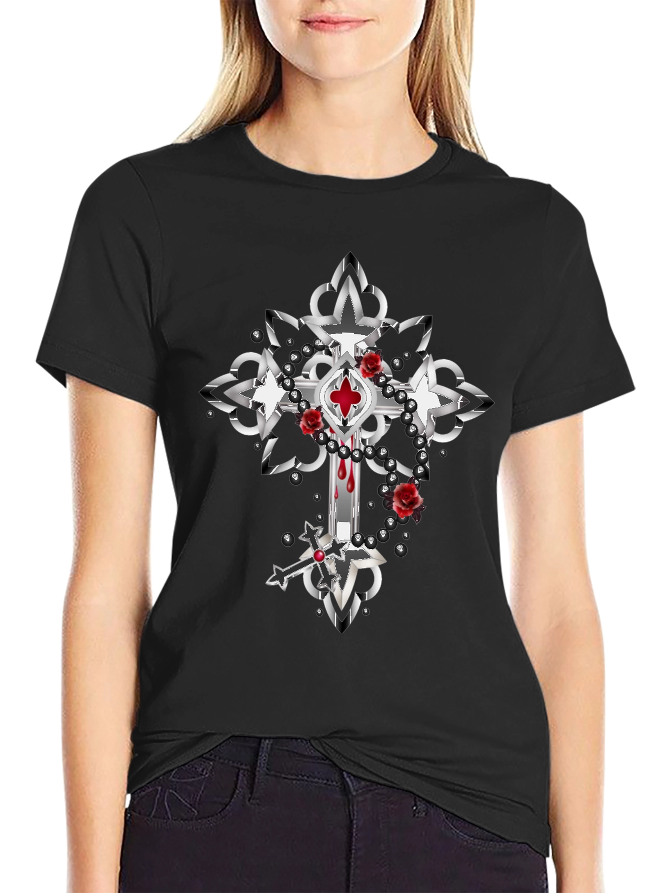 Gothic Cross Roses T-Shirt - Dark & Edgy Style