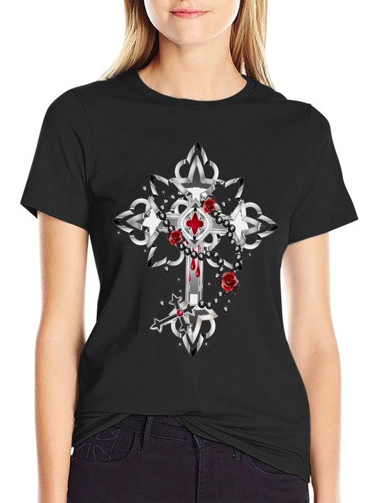 Gothic Cross Roses T-Shirt - Dark & Edgy Style