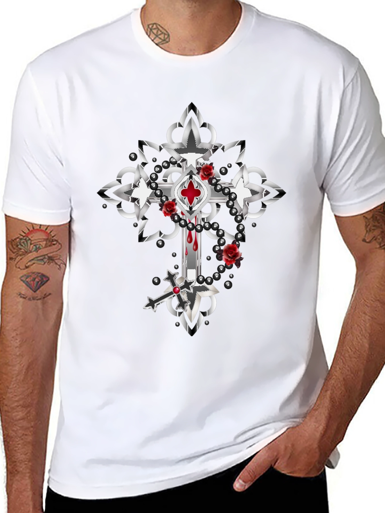 Gothic Cross Roses T-Shirt - Dark & Edgy Style