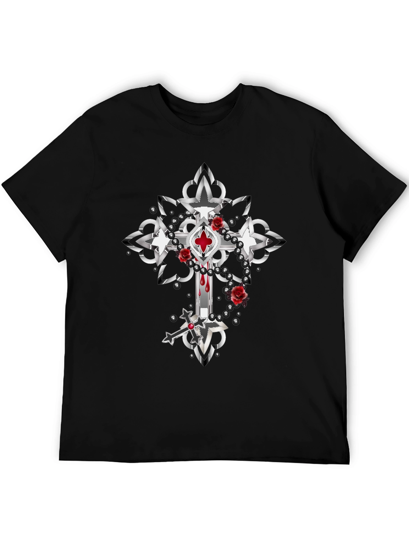 Gothic Cross Roses T-Shirt - Dark & Edgy Style