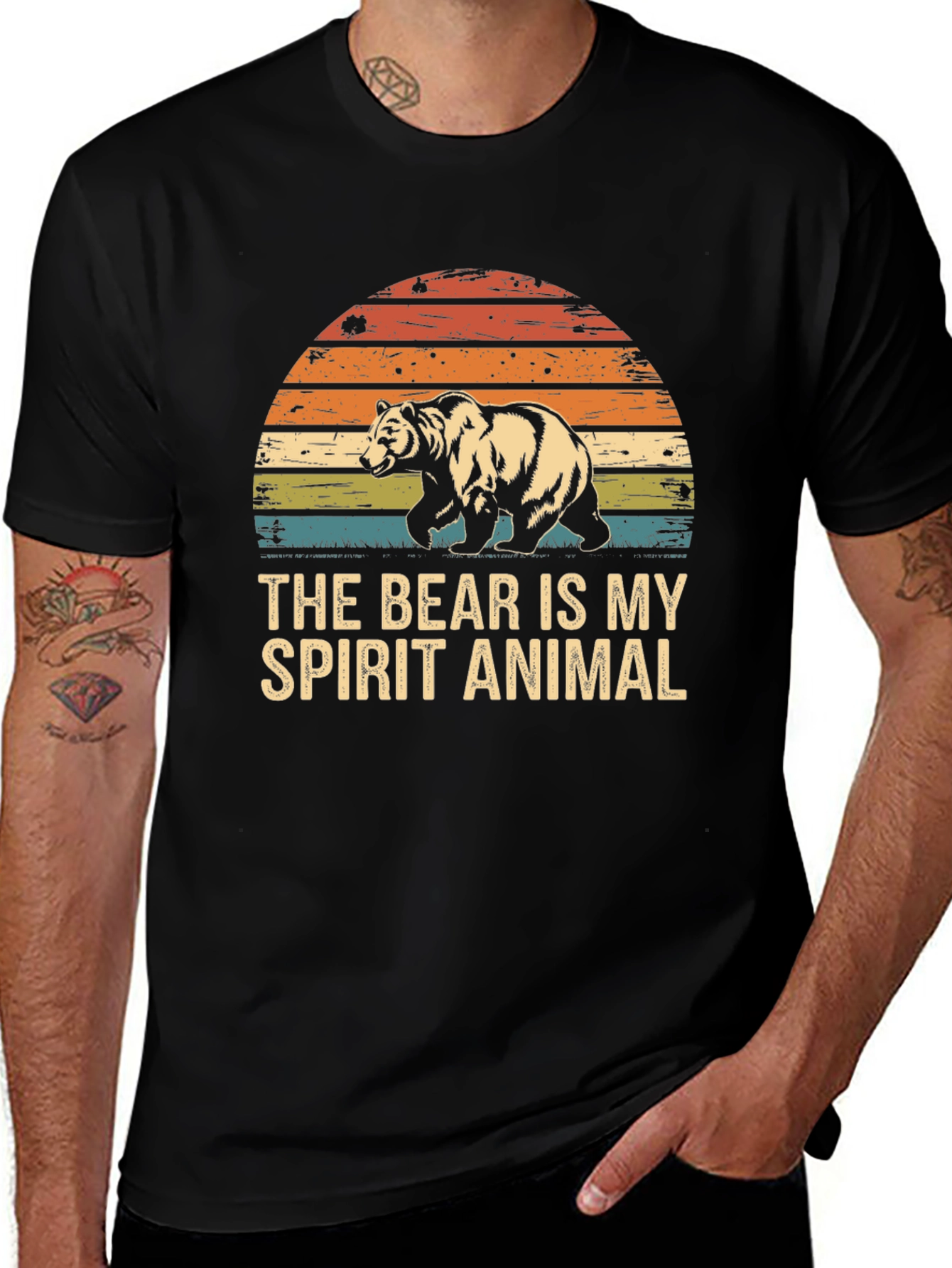 Bear Spirit Animal Graphic Tee - Retro Sunset Design
