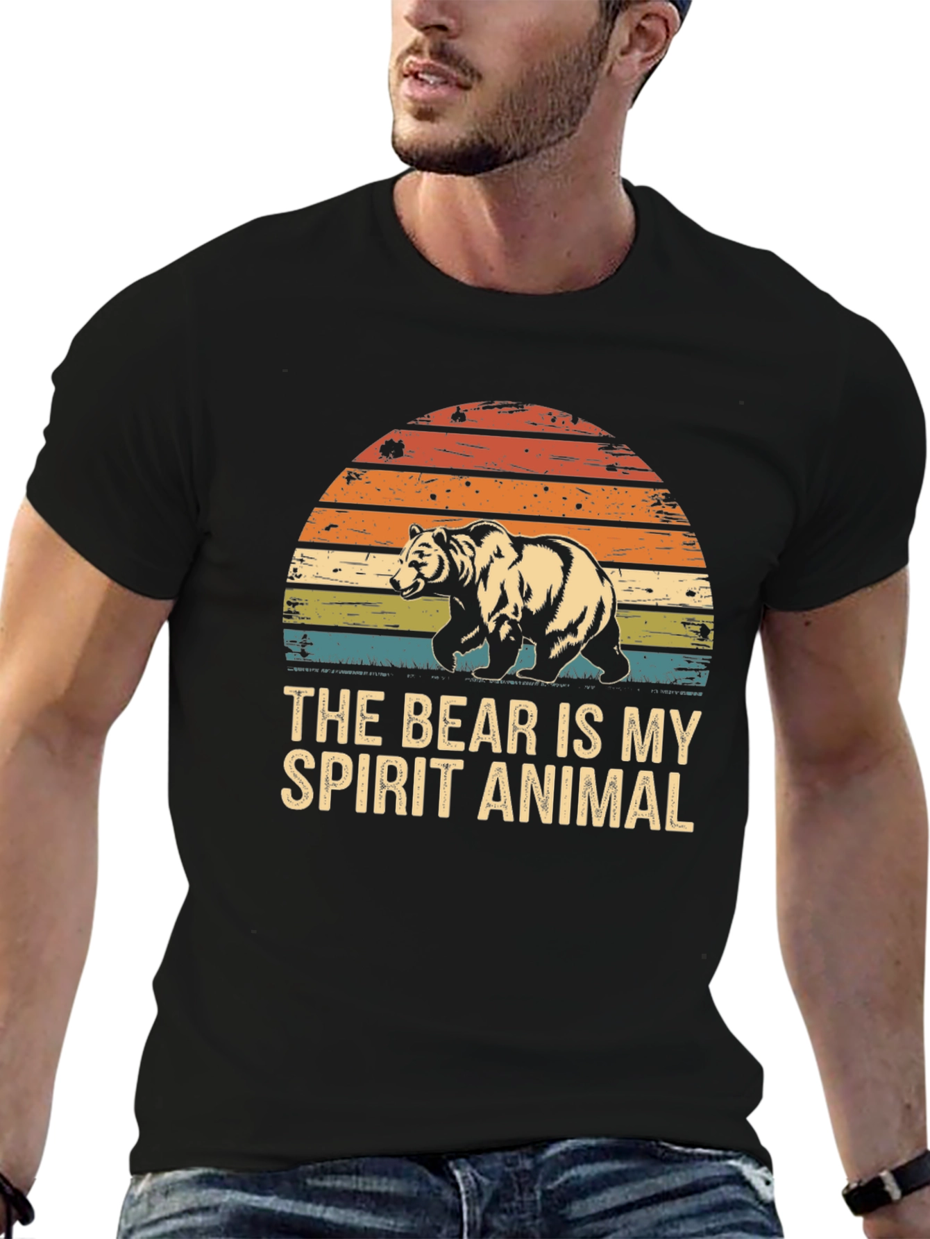 Bear Spirit Animal Graphic Tee - Retro Sunset Design