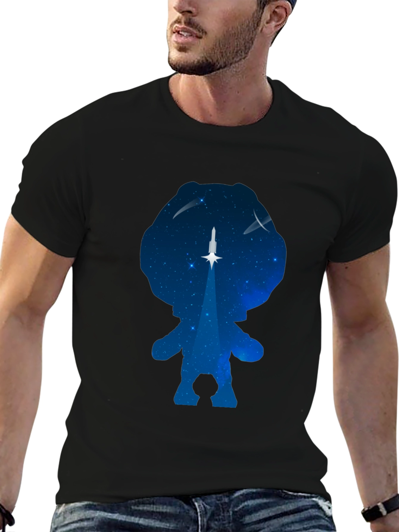 Astronaut Silhouette Rocket Launch Black T-Shirt