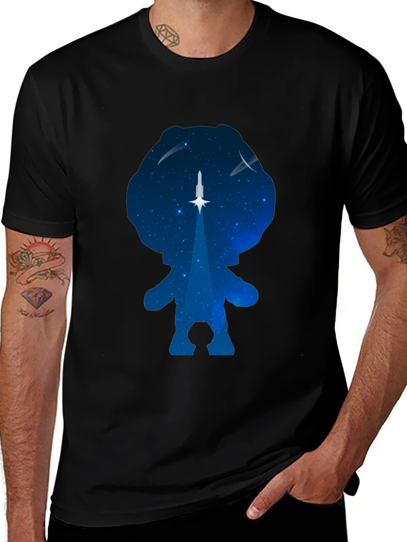 Astronaut Silhouette Rocket Launch Black T-Shirt