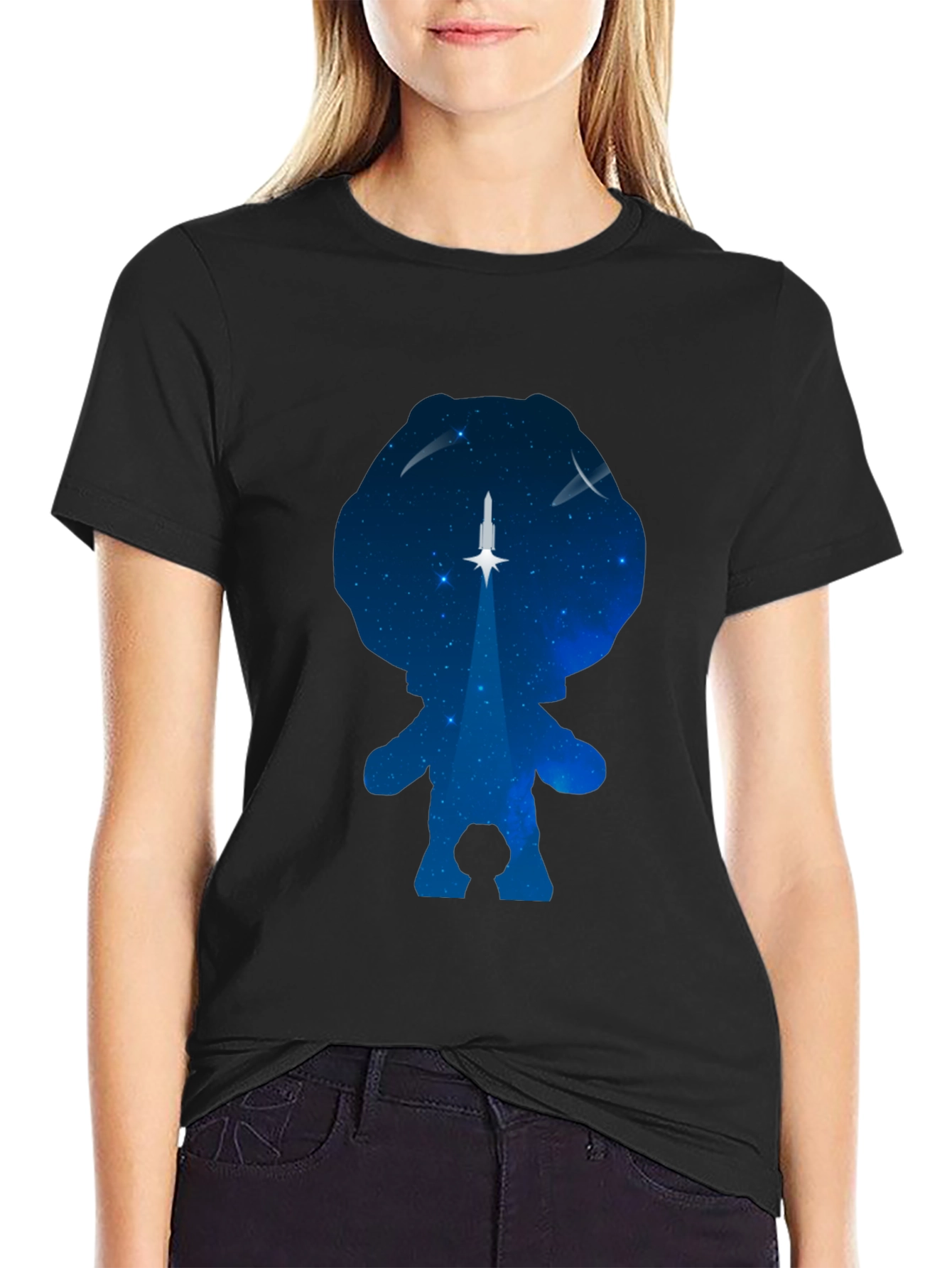 Astronaut Silhouette Rocket Launch Black T-Shirt