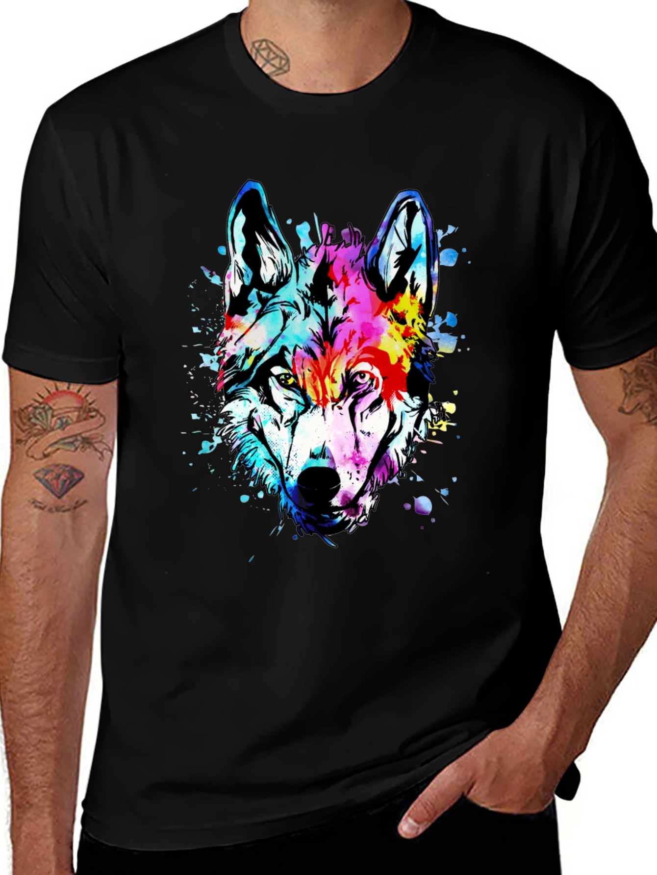Vivid Wolf Graphic Tee - Mens Black Cotton T-Shirt