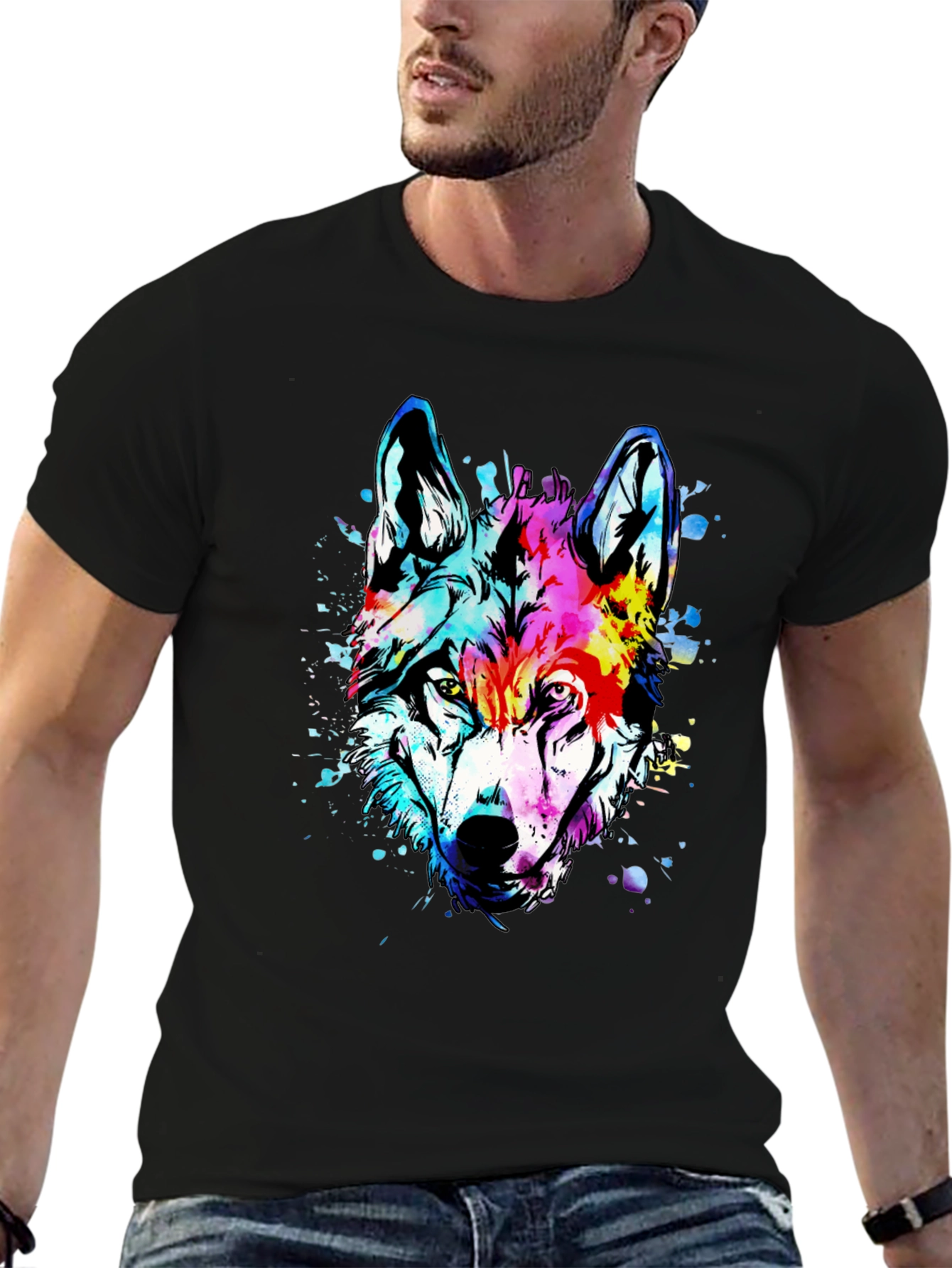 Vivid Wolf Graphic Tee - Mens Black Cotton T-Shirt