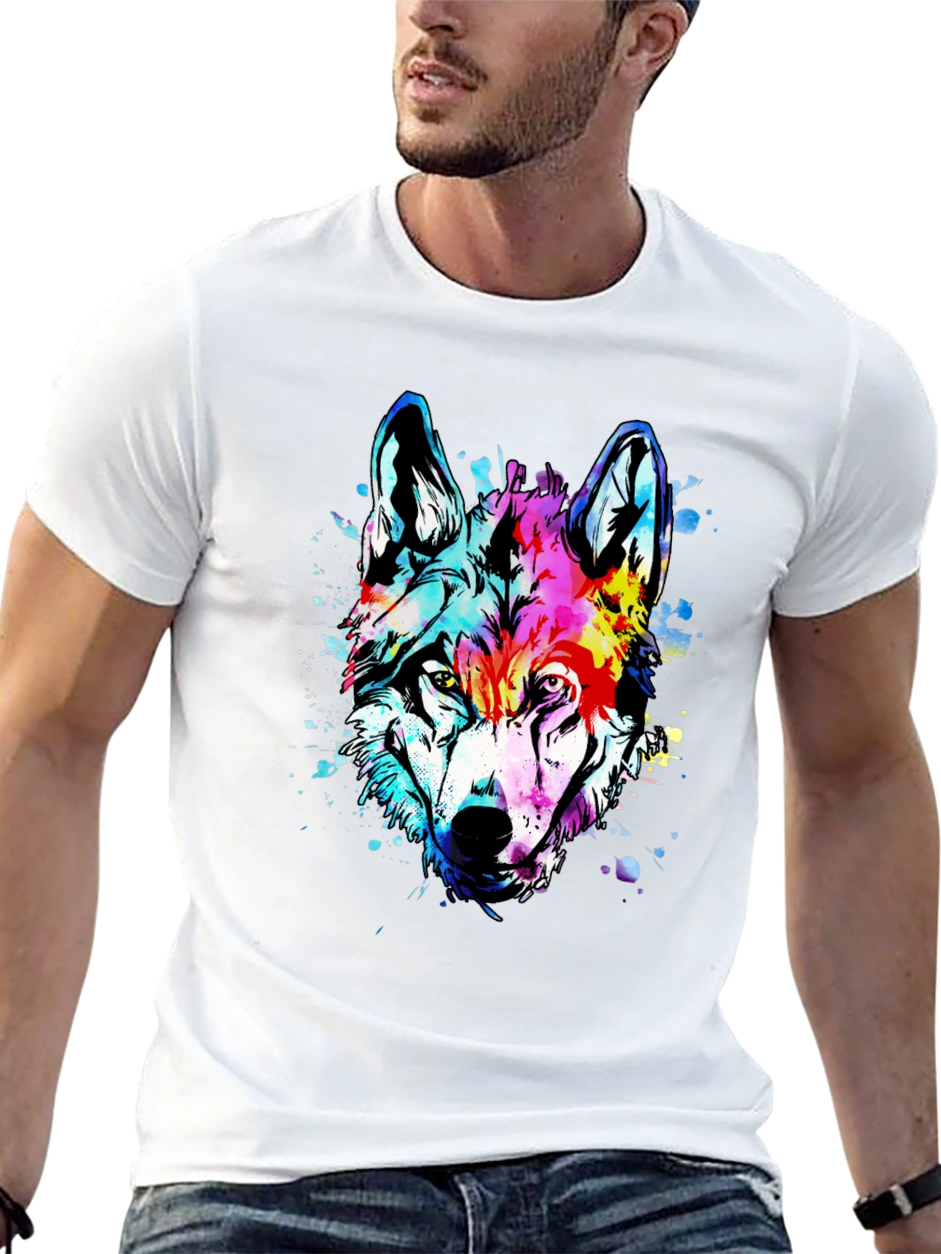 Vivid Wolf Graphic Tee - Mens Black Cotton T-Shirt
