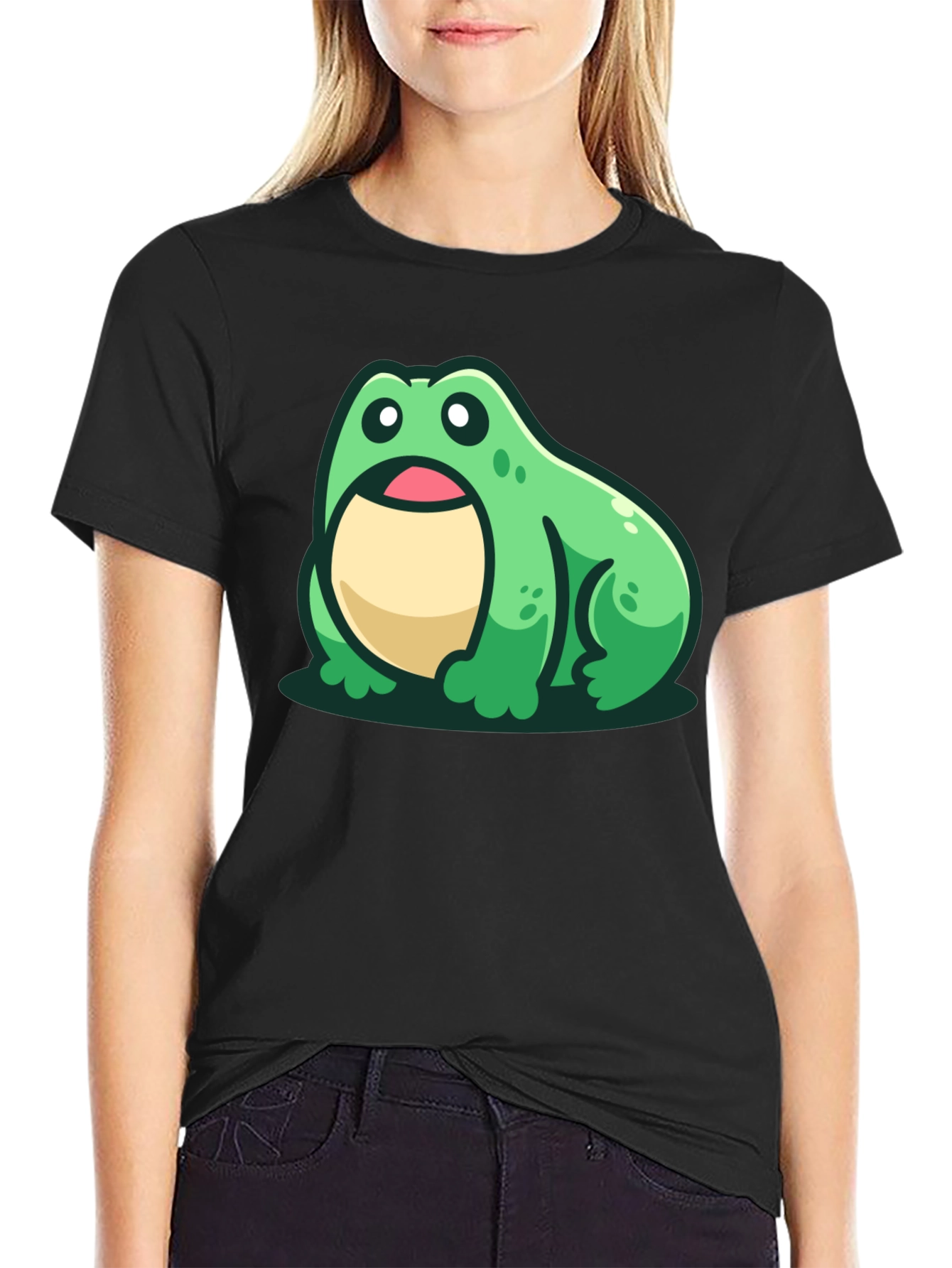 Cute Frog Graphic Tee - Black Cotton T-Shirt