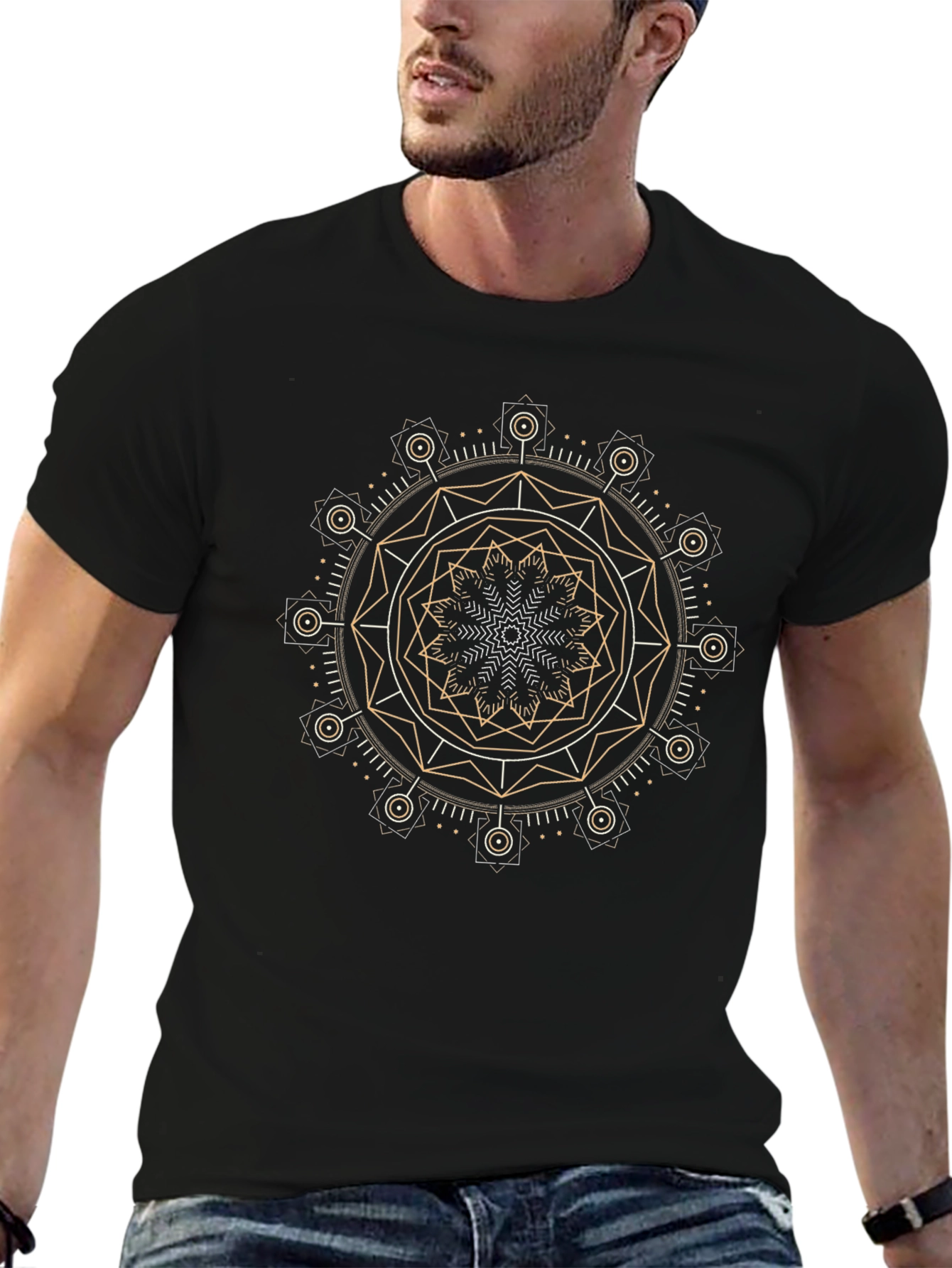 Geometric Mandala Graphic Print Black T-Shirt