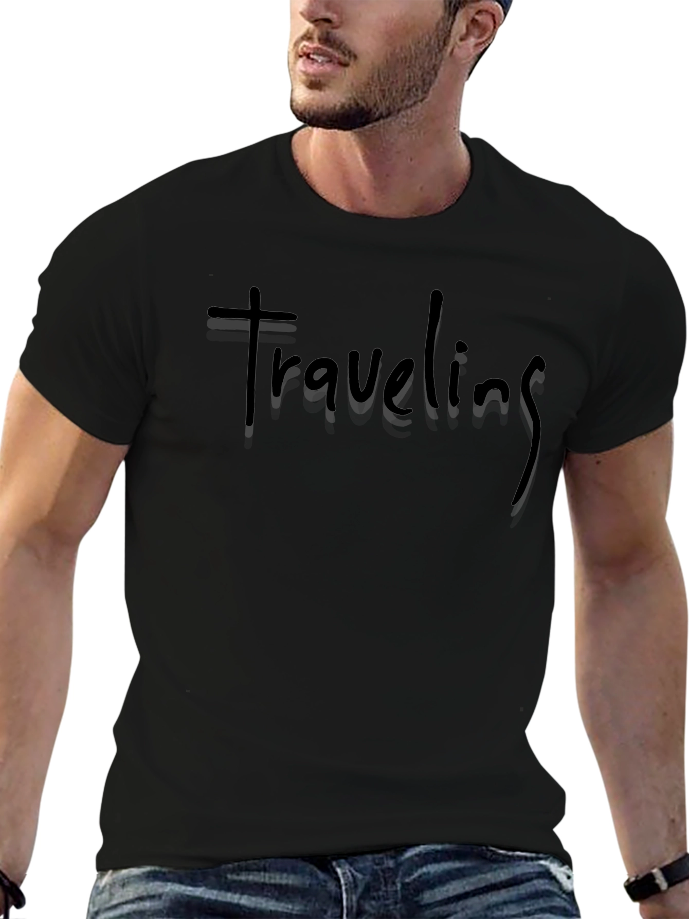Traveling Black Cotton Crew Neck T-Shirt