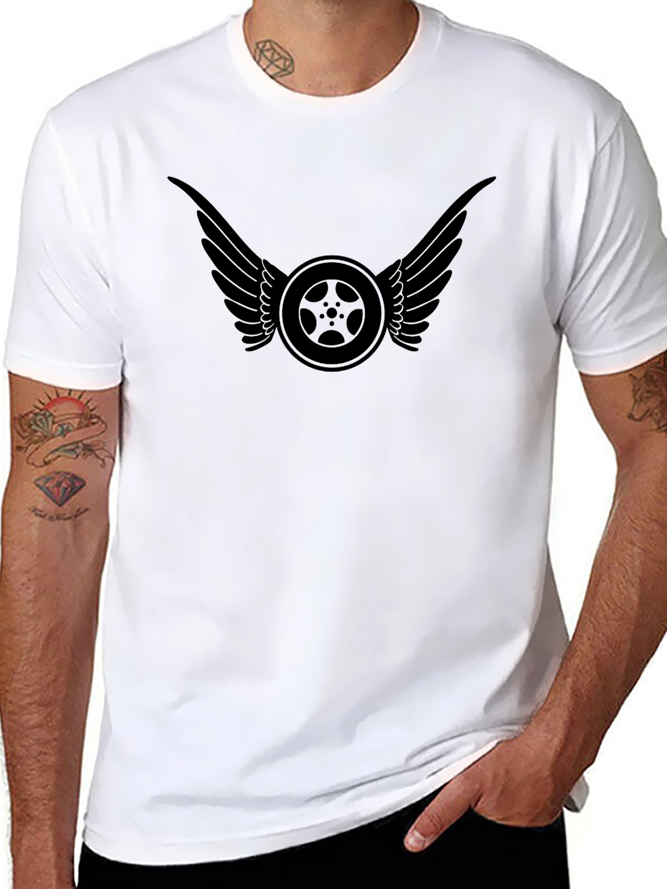 Black T-Shirt with Winged Wheel Design