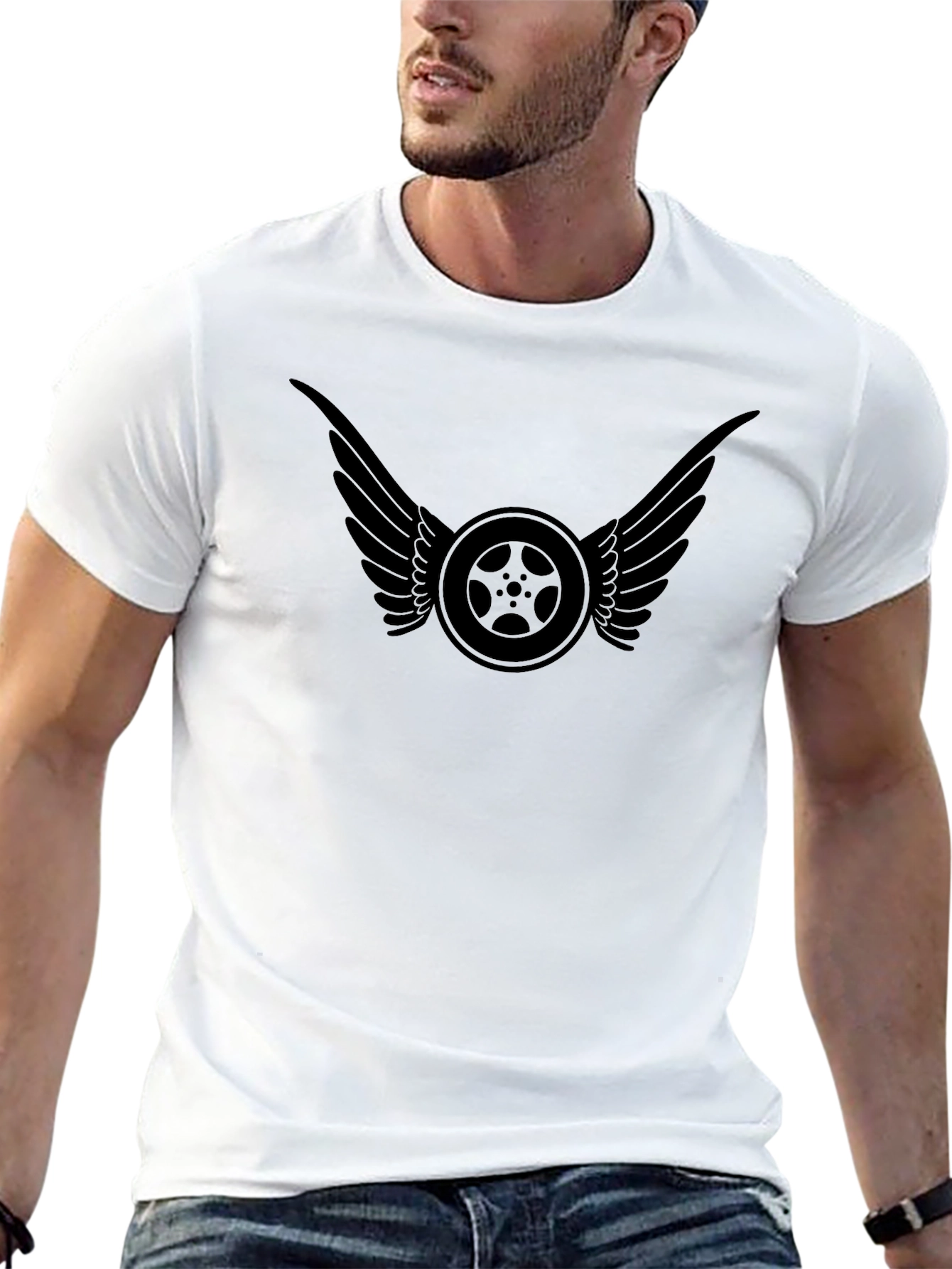 Black T-Shirt with Winged Wheel Design