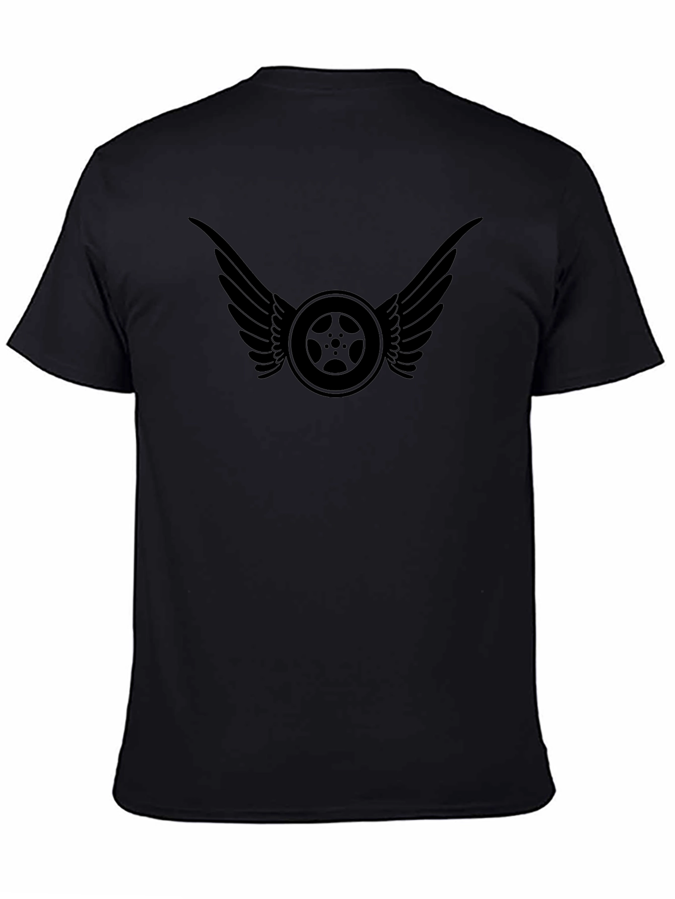 Black T-Shirt with Winged Wheel Design