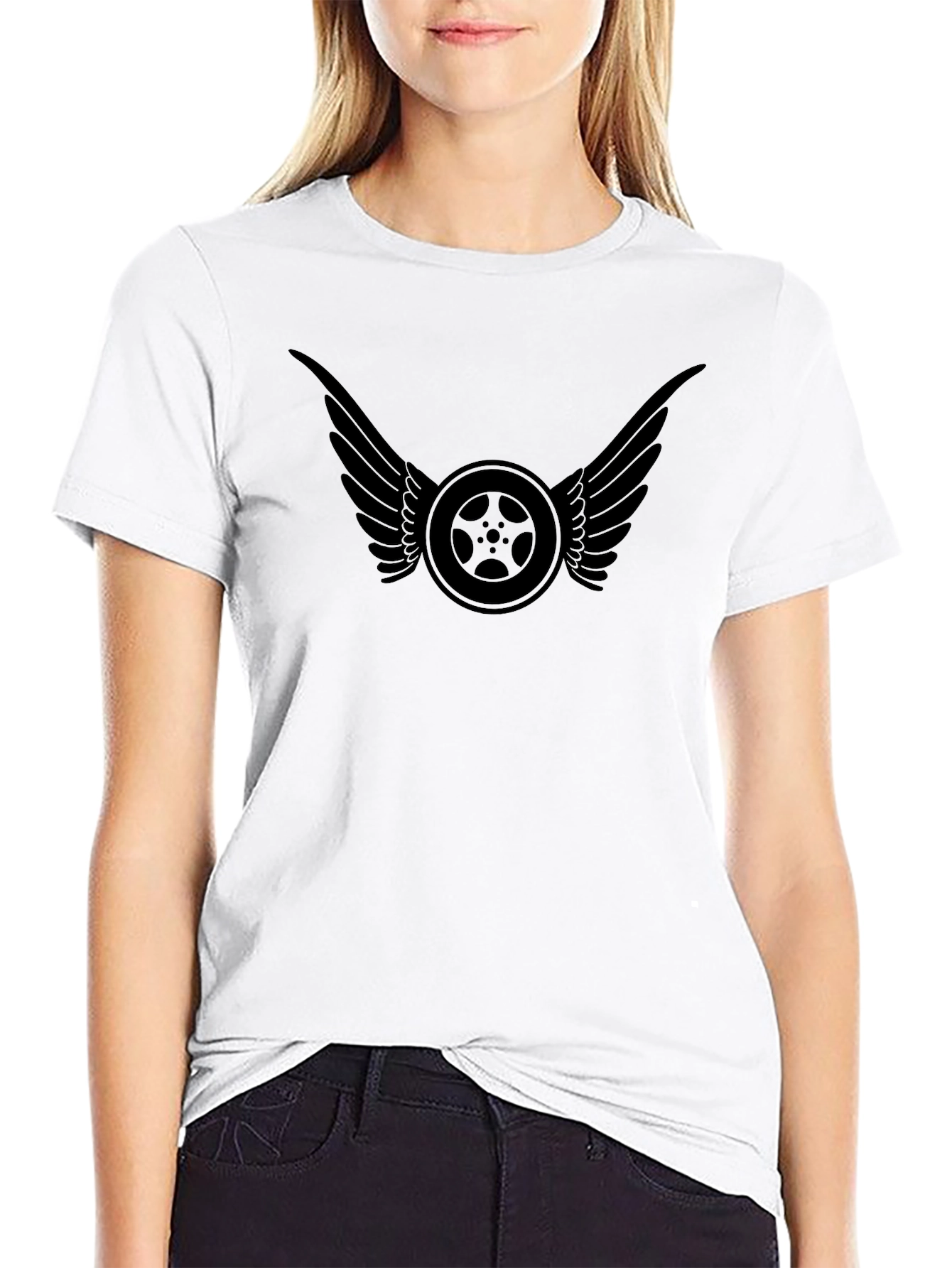 Black T-Shirt with Winged Wheel Design