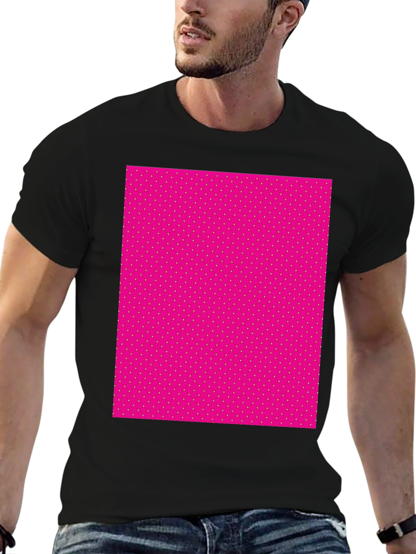 Mens Black T-Shirt with Pink Polka Dot Pattern