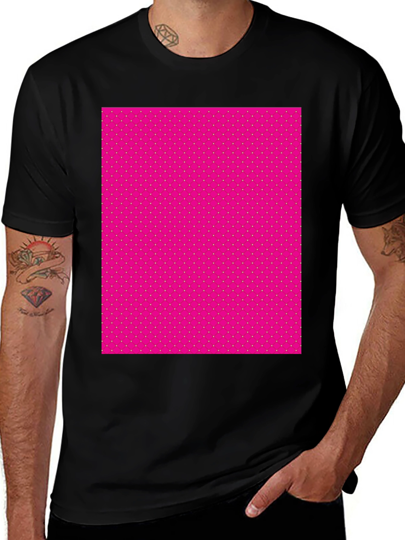 Mens Black T-Shirt with Pink Polka Dot Pattern
