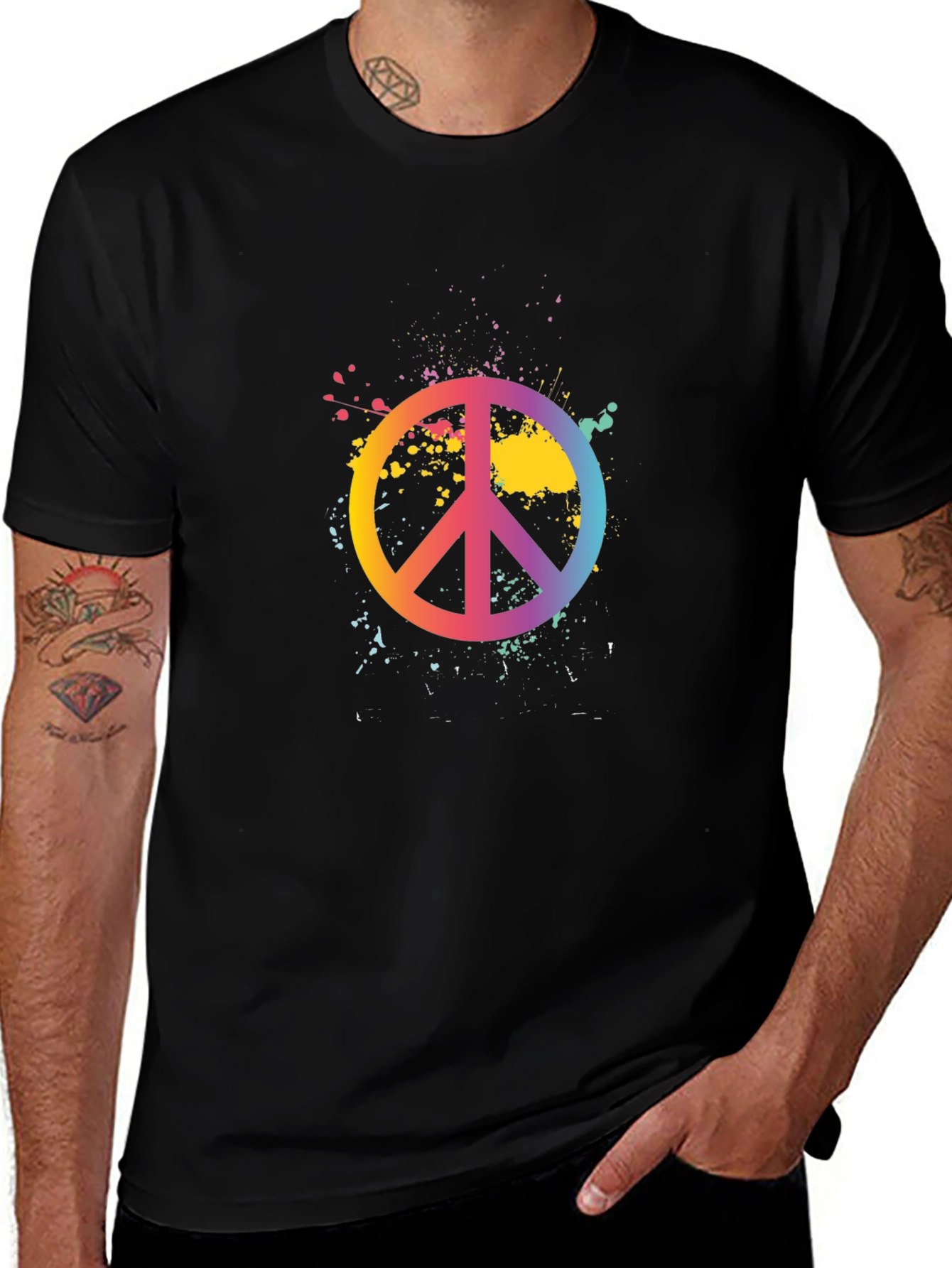Peace Sign Rainbow Splatter Black T-Shirt