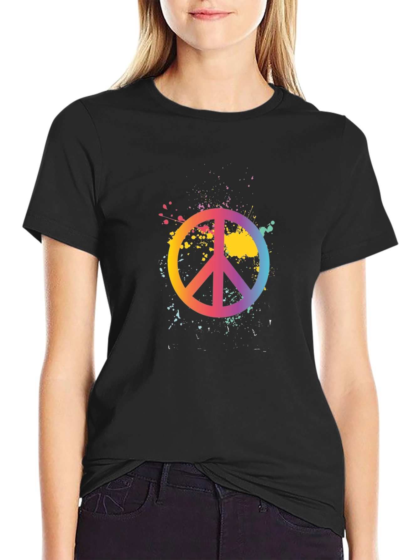 Peace Sign Rainbow Splatter Black T-Shirt