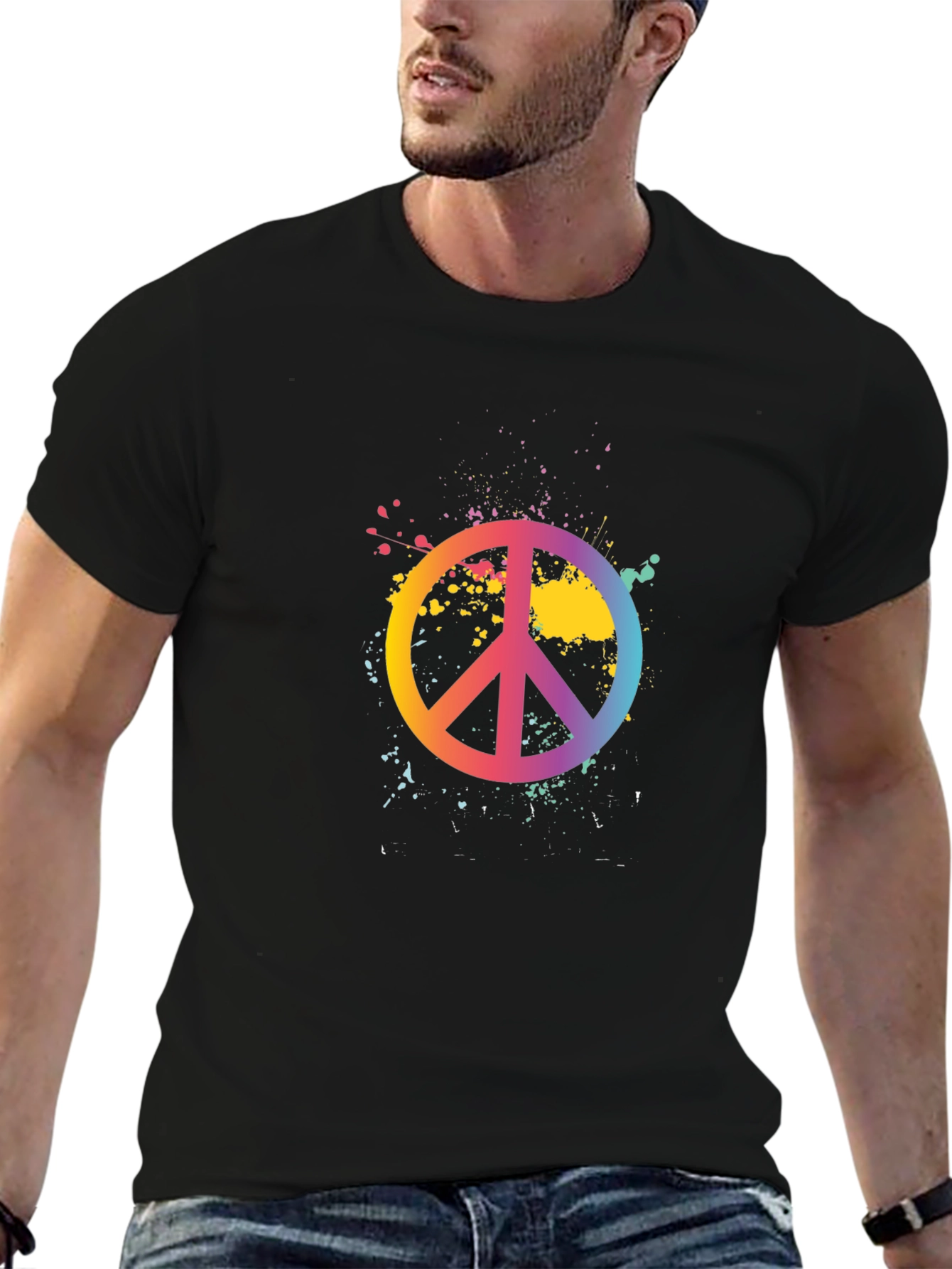 Peace Sign Rainbow Splatter Black T-Shirt