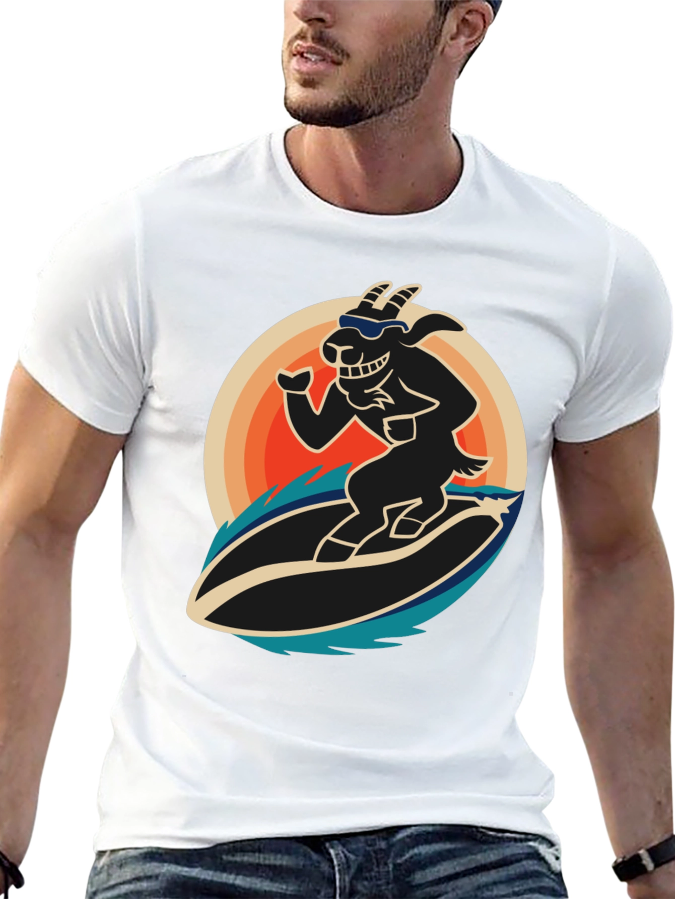Surfing Goat Graphic T-Shirt - Cool Black Tee