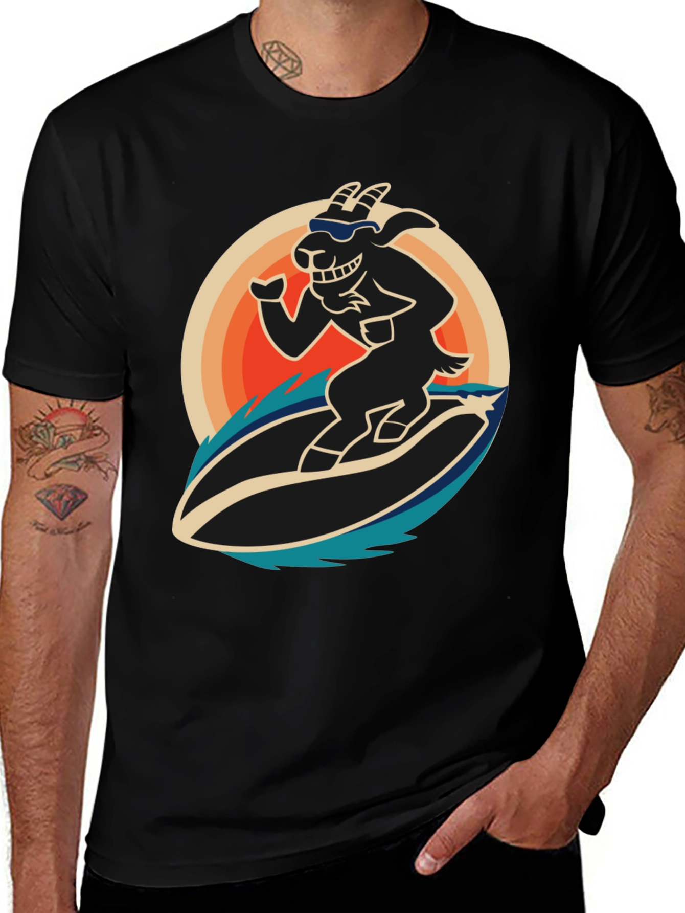 Surfing Goat Graphic T-Shirt - Cool Black Tee