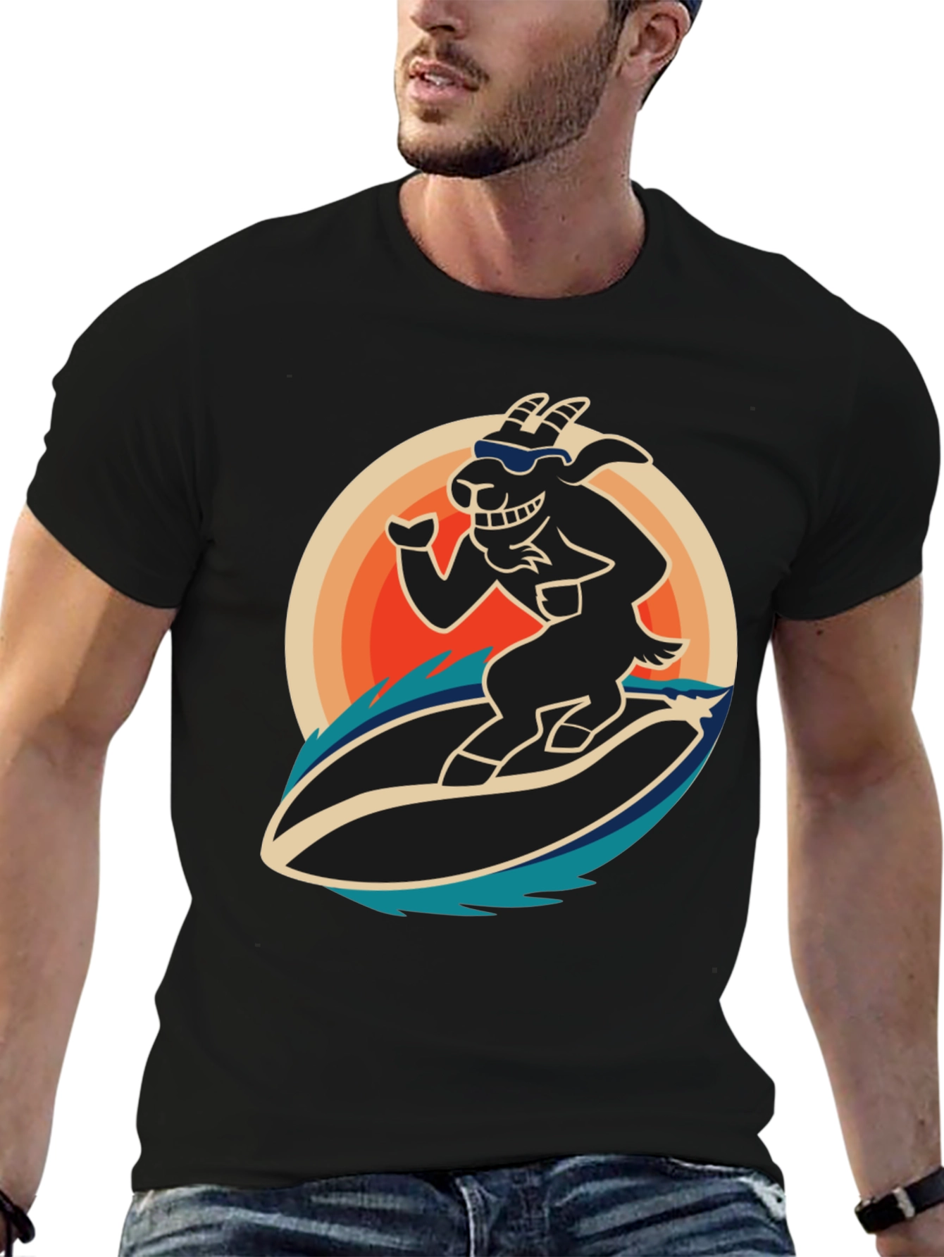 Surfing Goat Graphic T-Shirt - Cool Black Tee