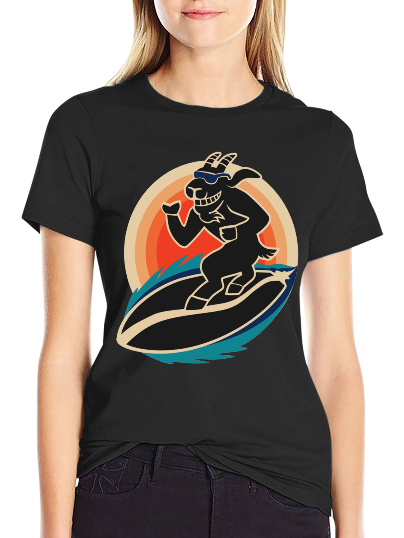 Surfing Goat Graphic T-Shirt - Cool Black Tee