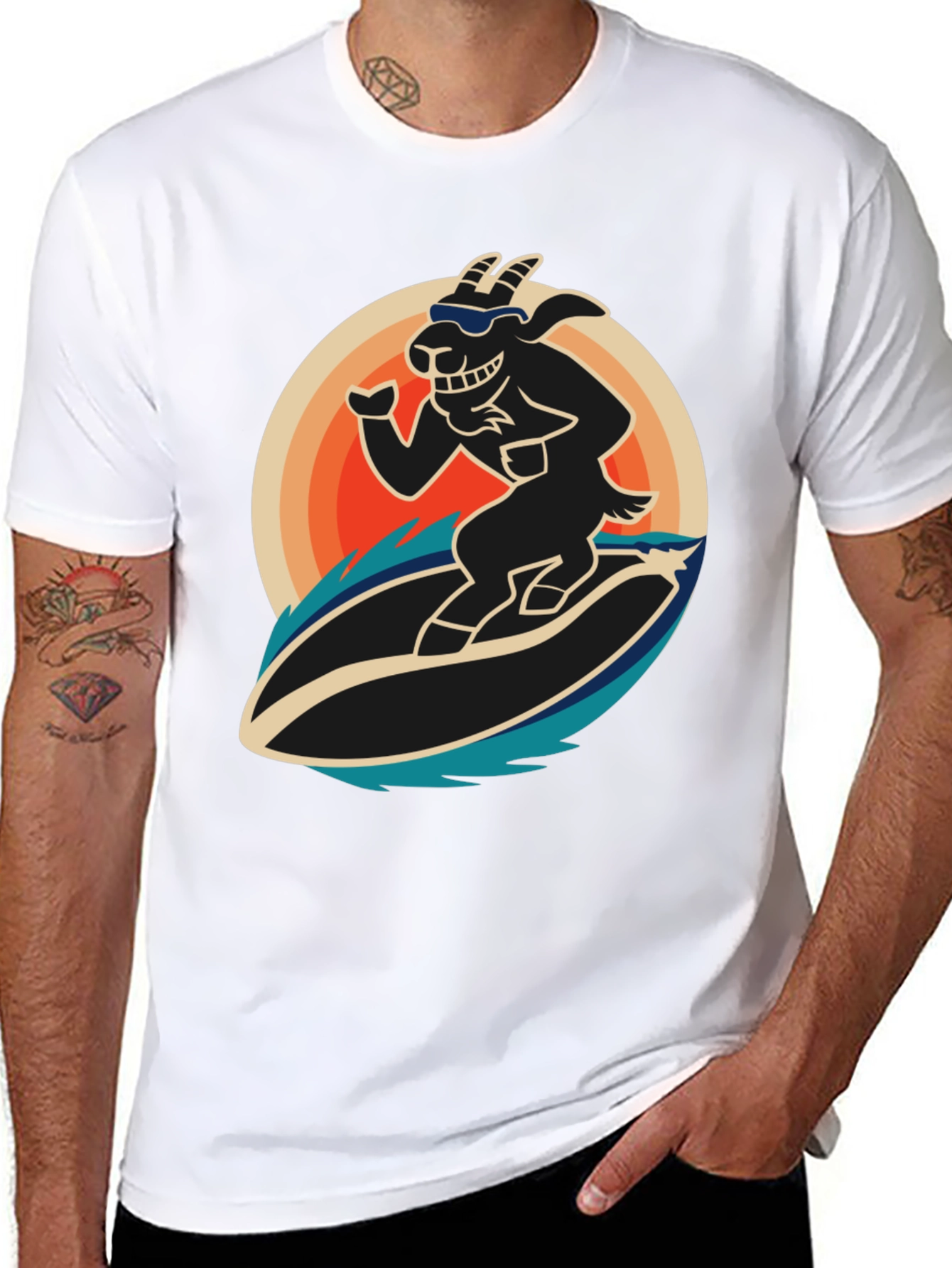 Surfing Goat Graphic T-Shirt - Cool Black Tee