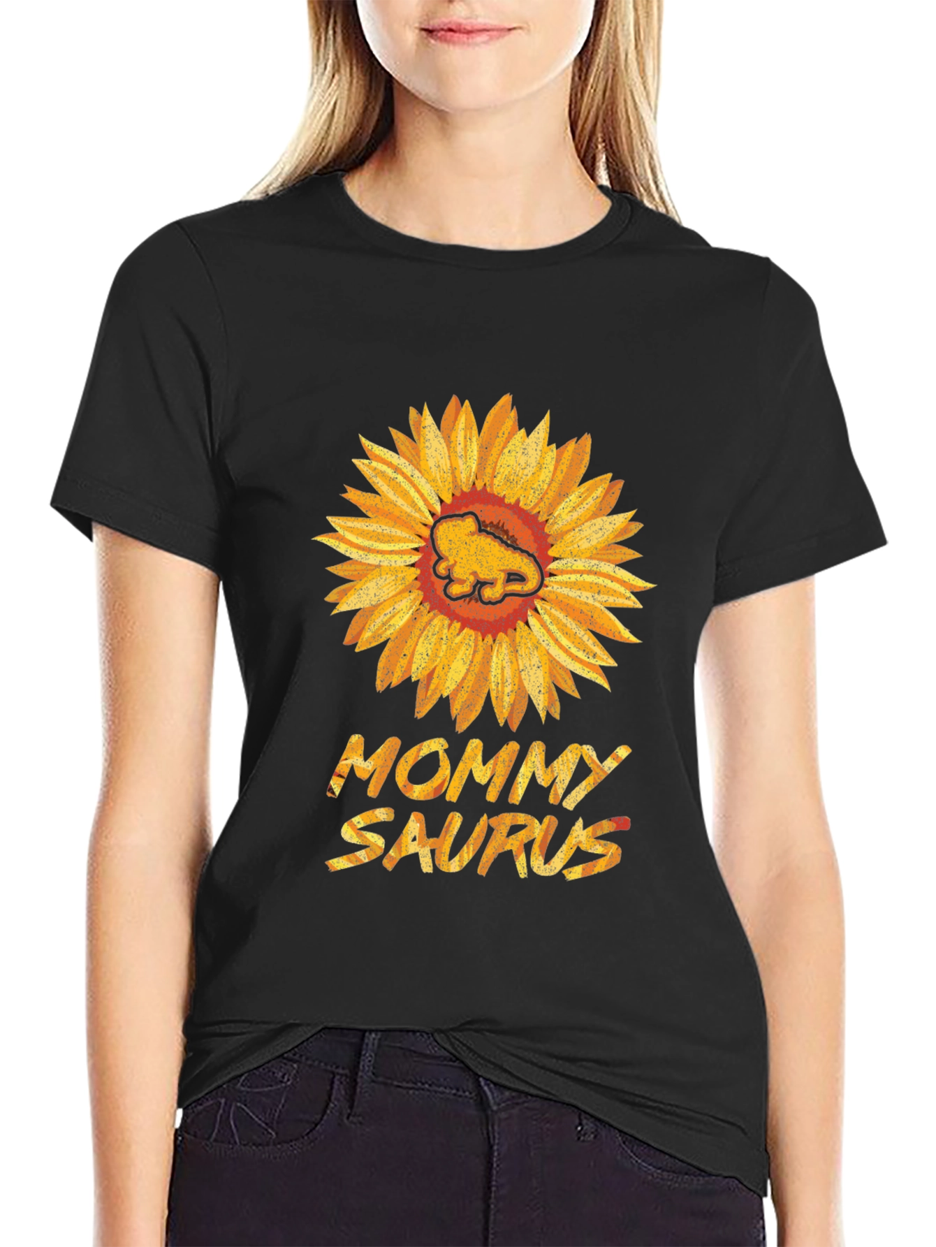 Mommy Saurus Sunflower Black T-Shirt