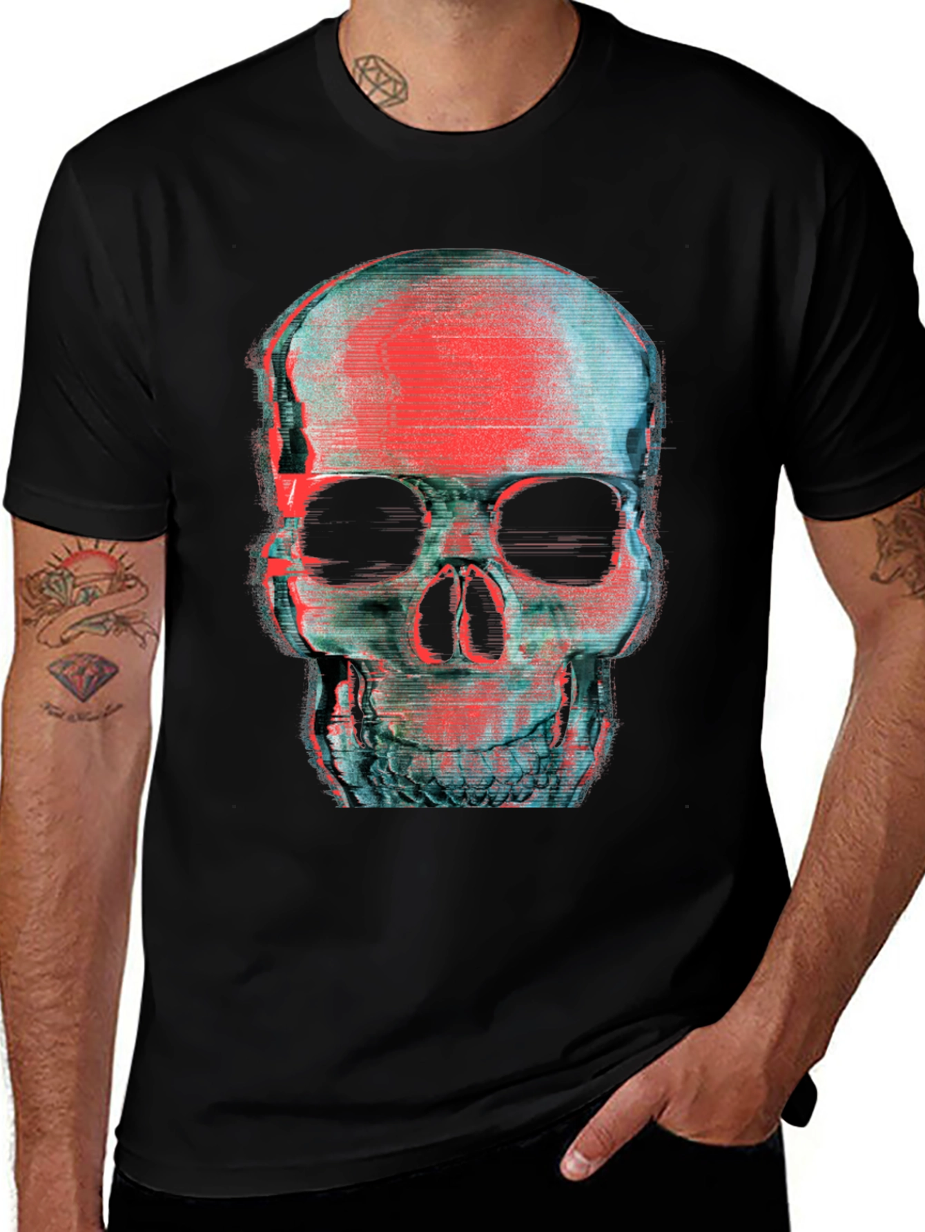Glitch Skull Graphic T-Shirt - Black