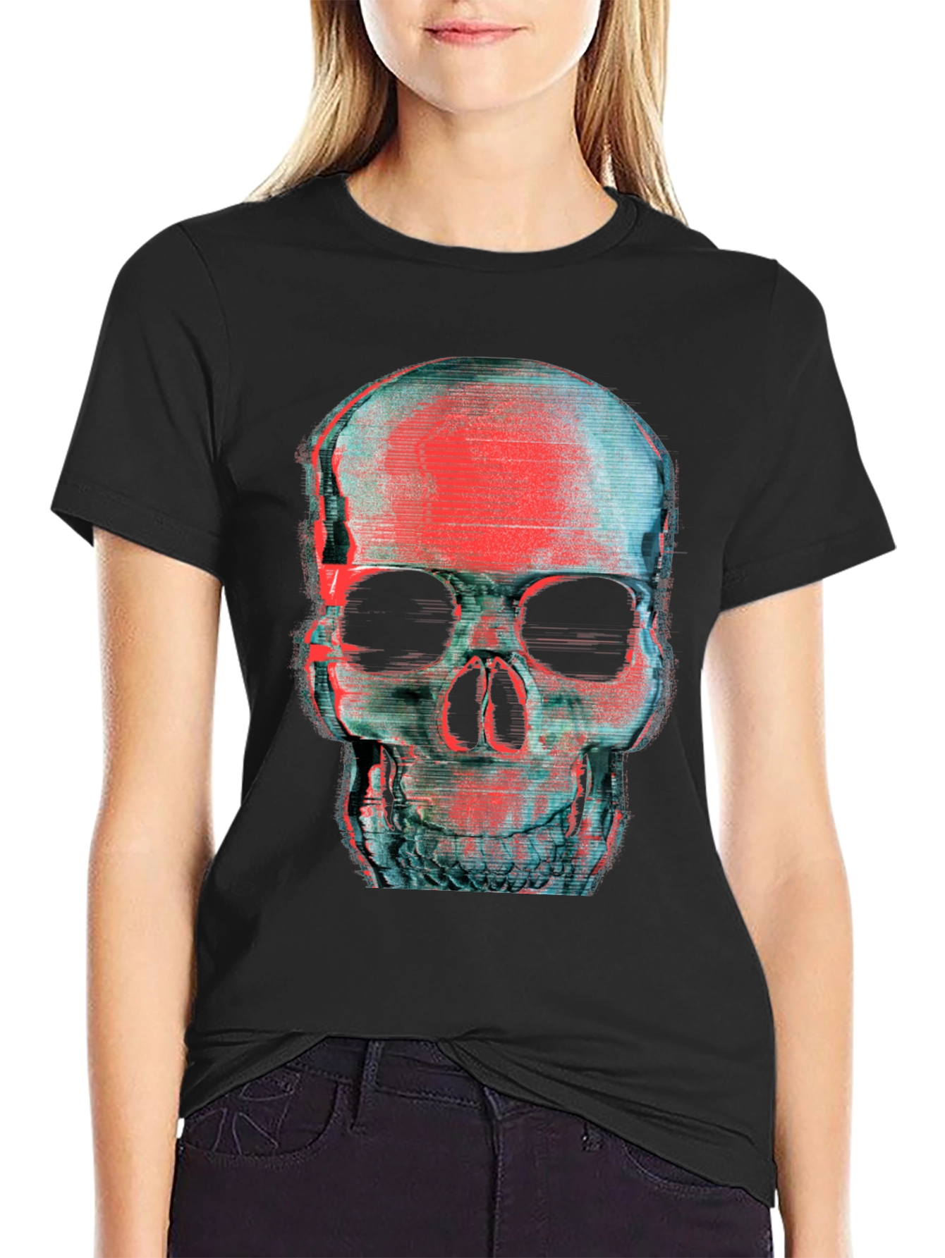 Glitch Skull Graphic T-Shirt - Black