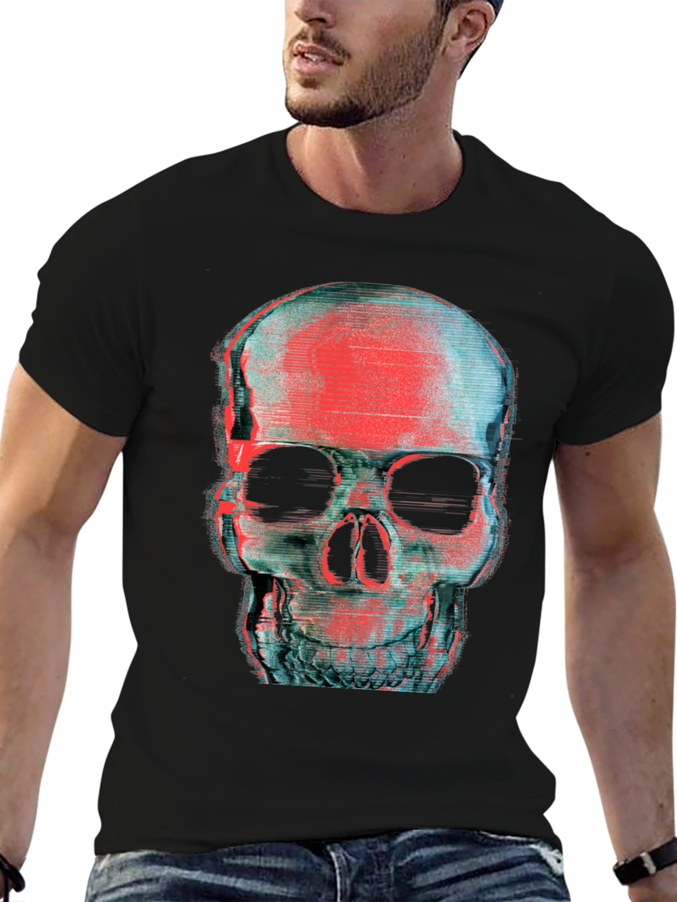 Glitch Skull Graphic T-Shirt - Black