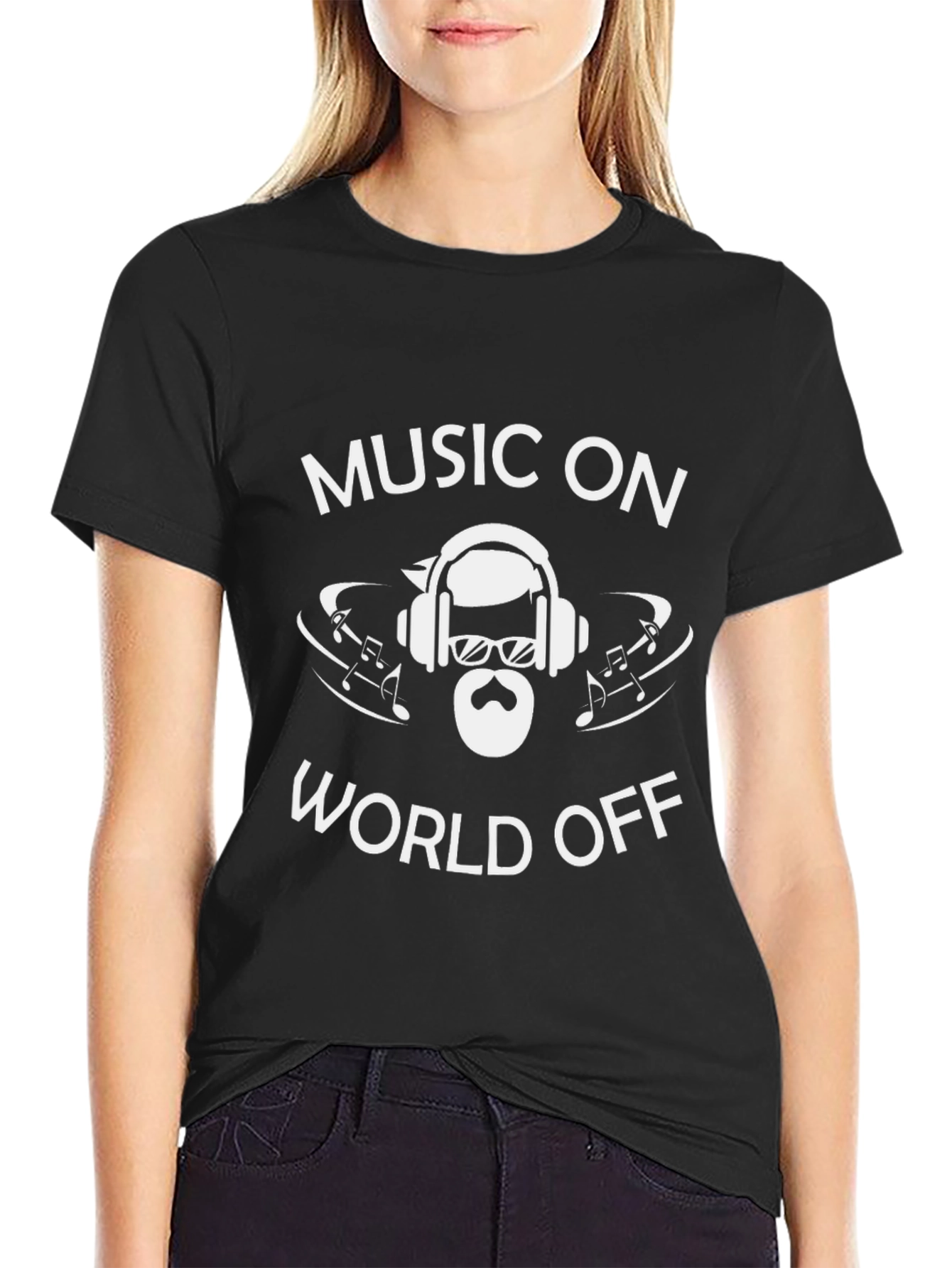 Music On World Off Black Graphic Tee