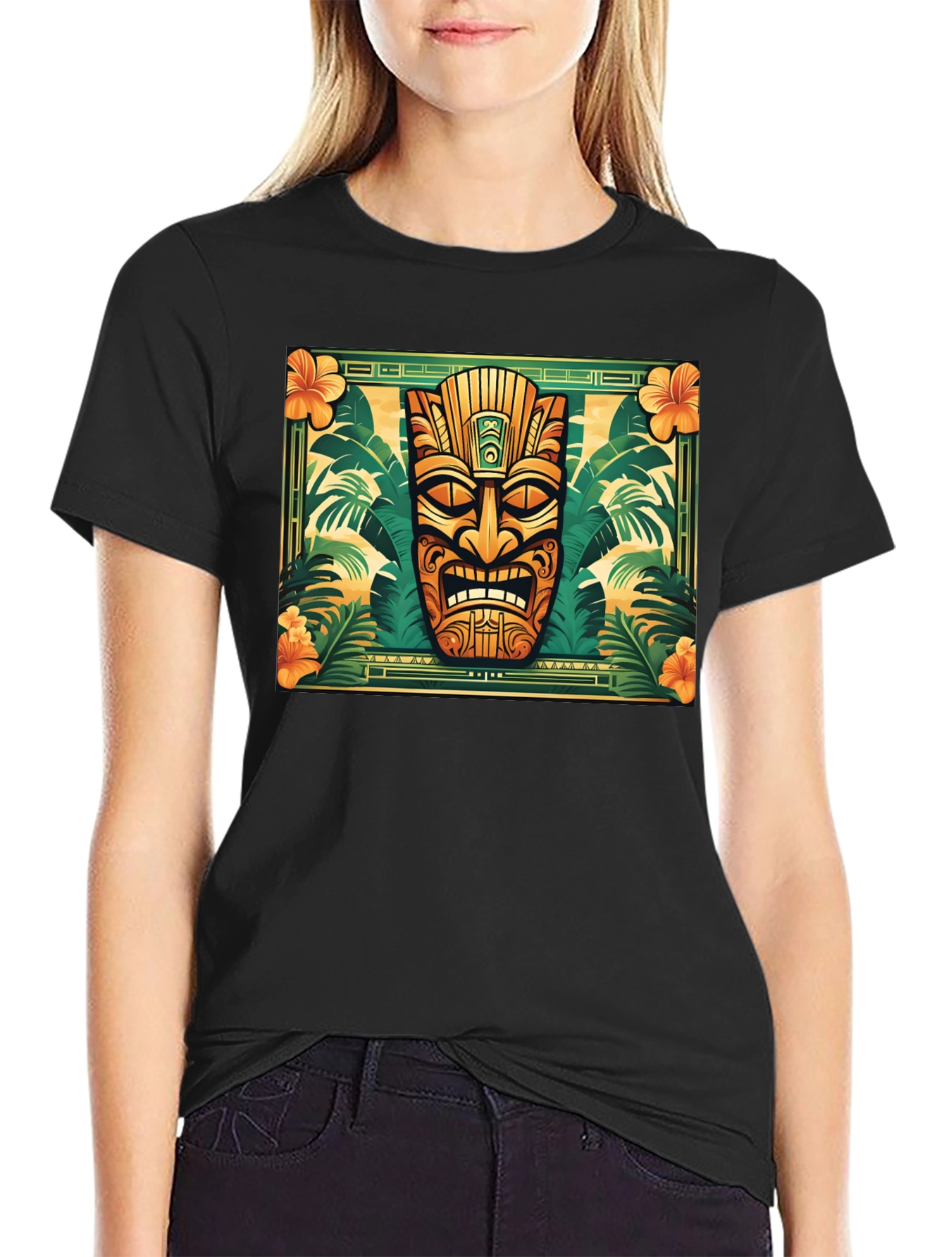 Tropical Tiki Mask Graphic Tee - Black