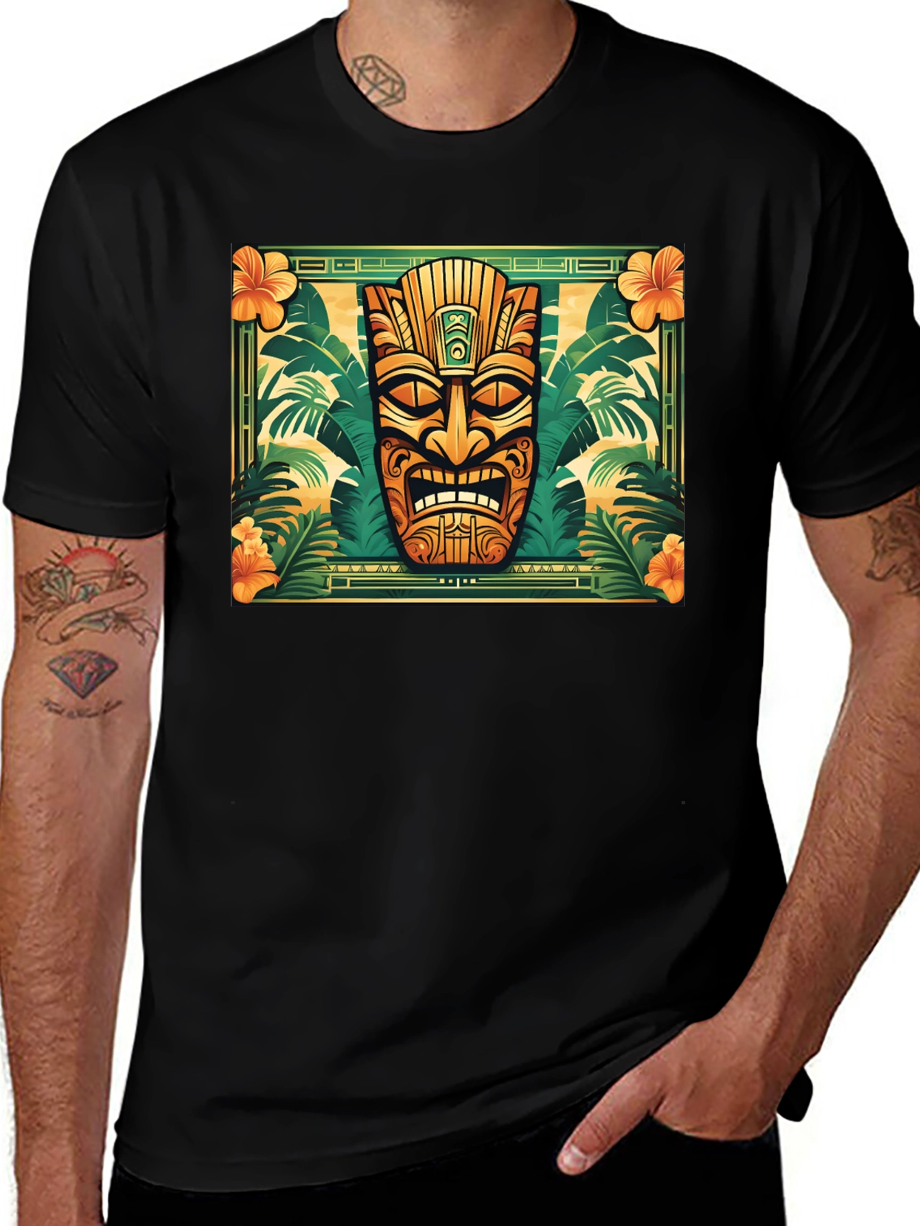 Tropical Tiki Mask Graphic Tee - Black