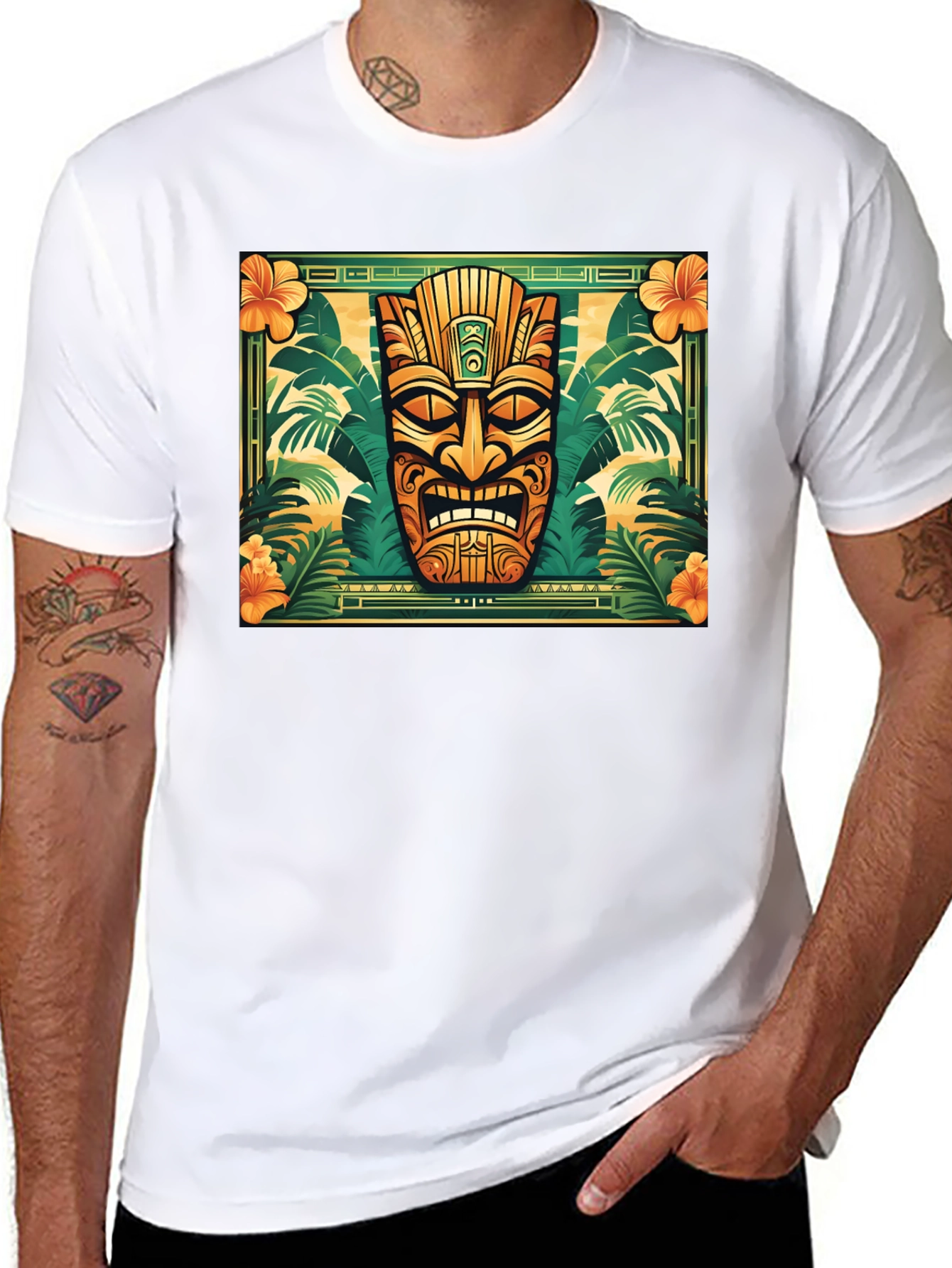 Tropical Tiki Mask Graphic Tee - Black