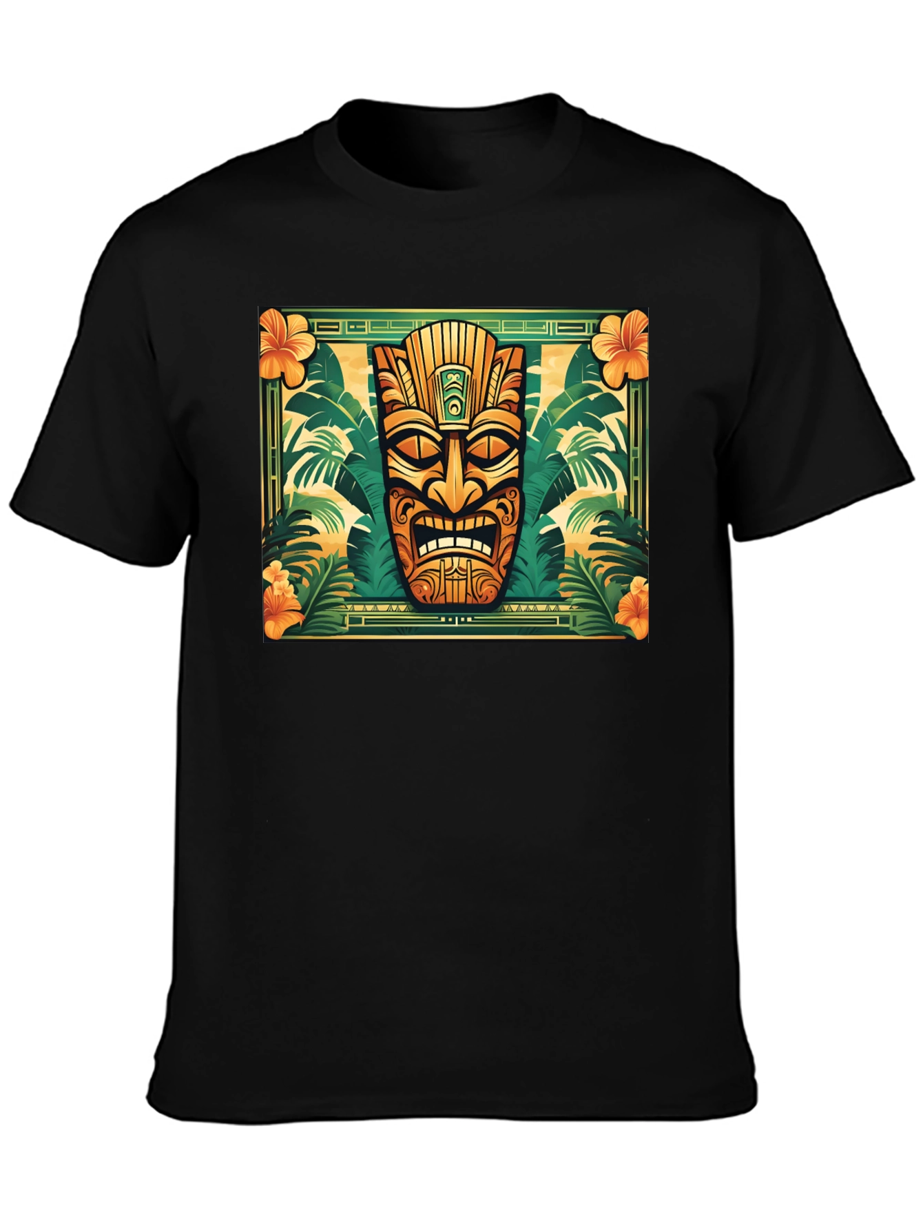 Tropical Tiki Mask Graphic Tee - Black