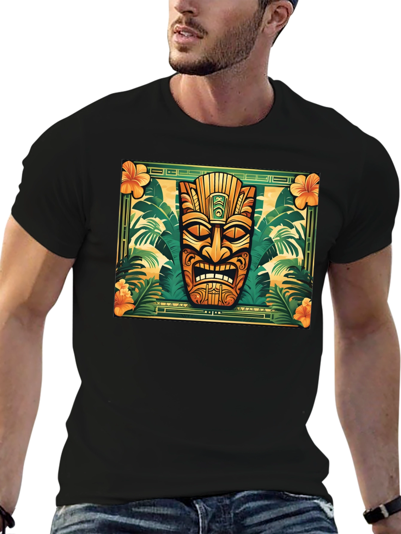Tropical Tiki Mask Graphic Tee - Black
