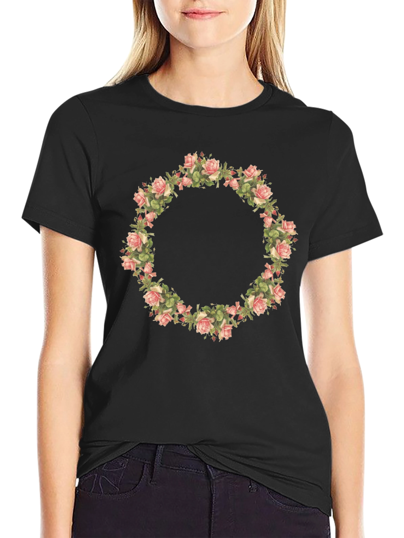 Floral Wreath Graphic Tee - Black