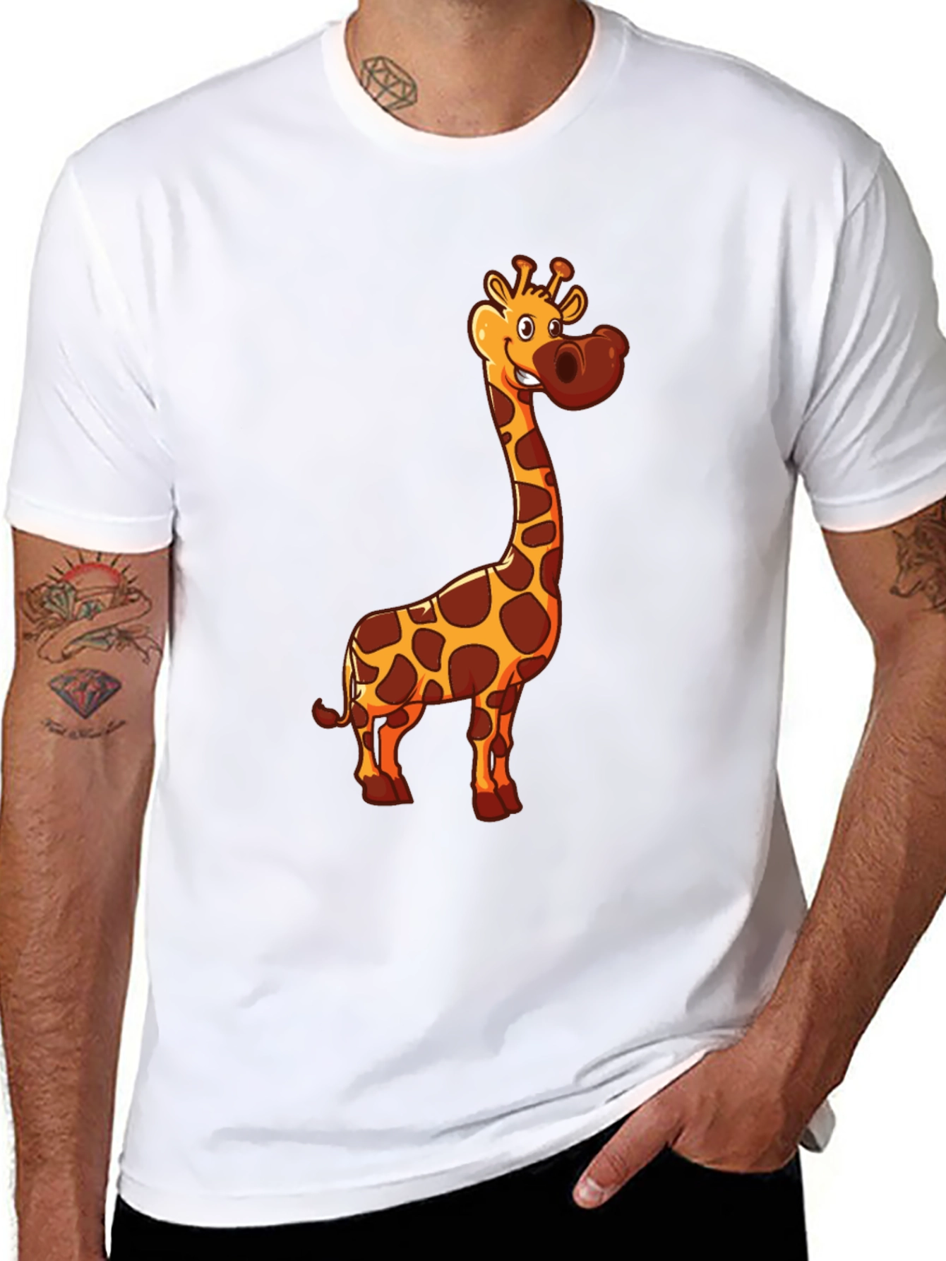 Giraffe Cartoon Print Black T-Shirt