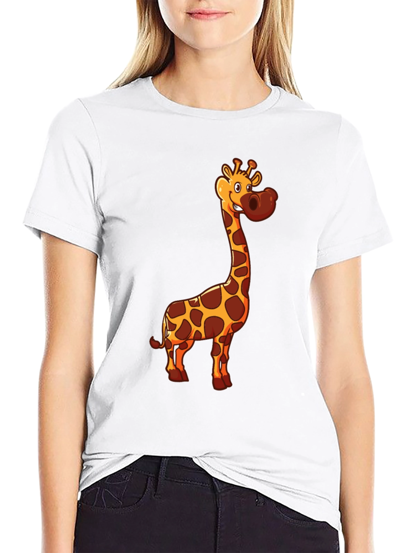 Giraffe Cartoon Print Black T-Shirt