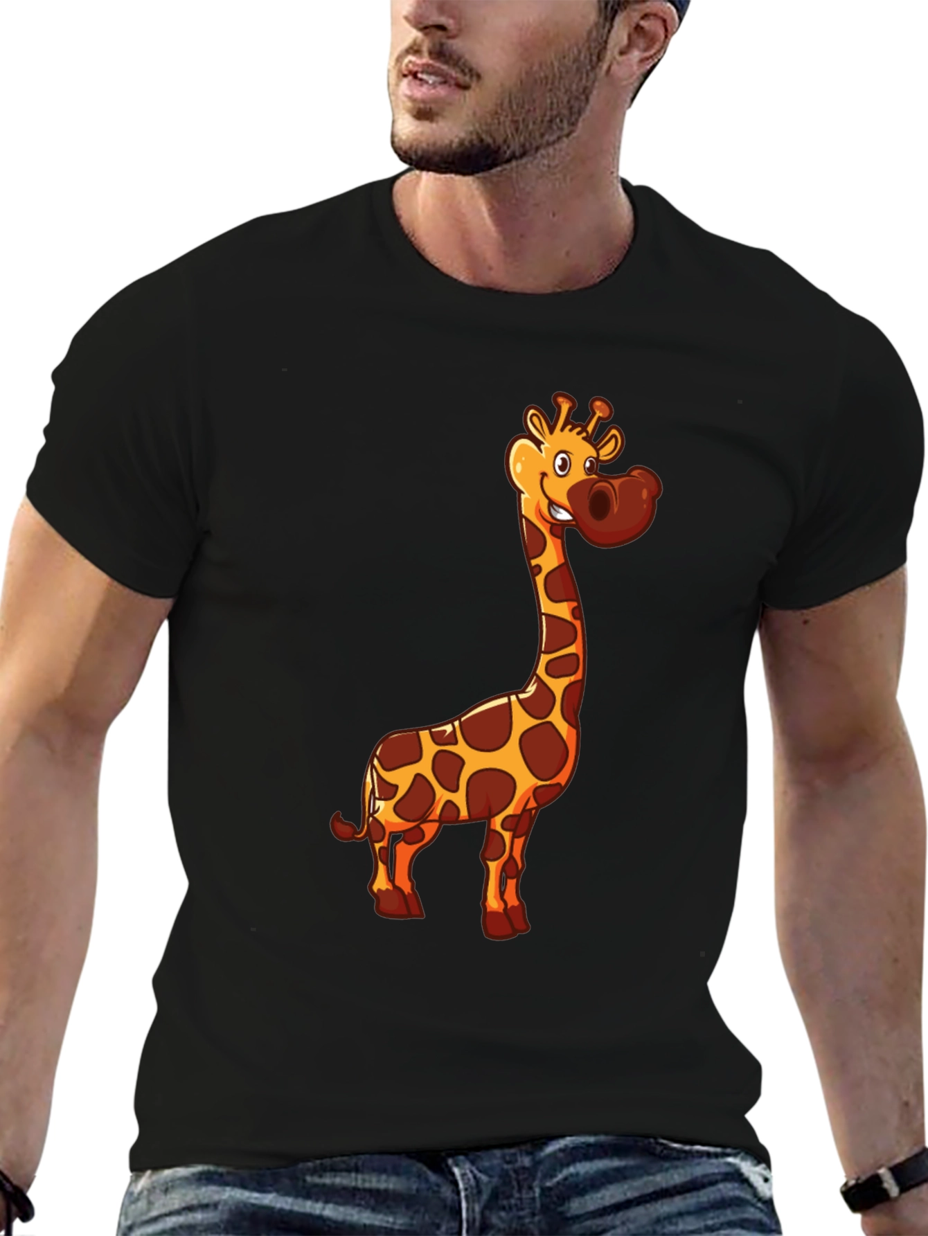 Giraffe Cartoon Print Black T-Shirt
