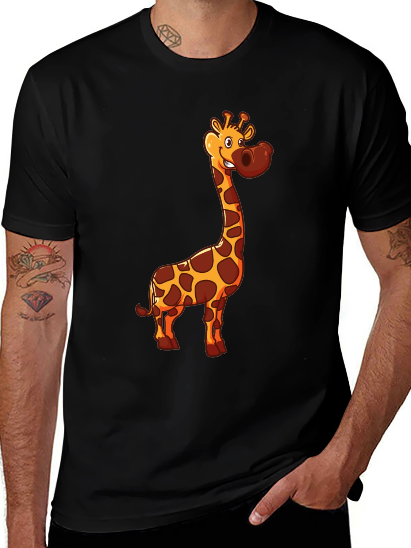 Giraffe Cartoon Print Black T-Shirt
