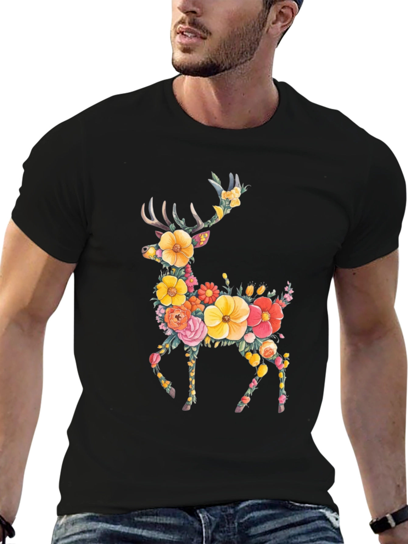 Floral Deer Graphic Tee - Black Unisex T-Shirt